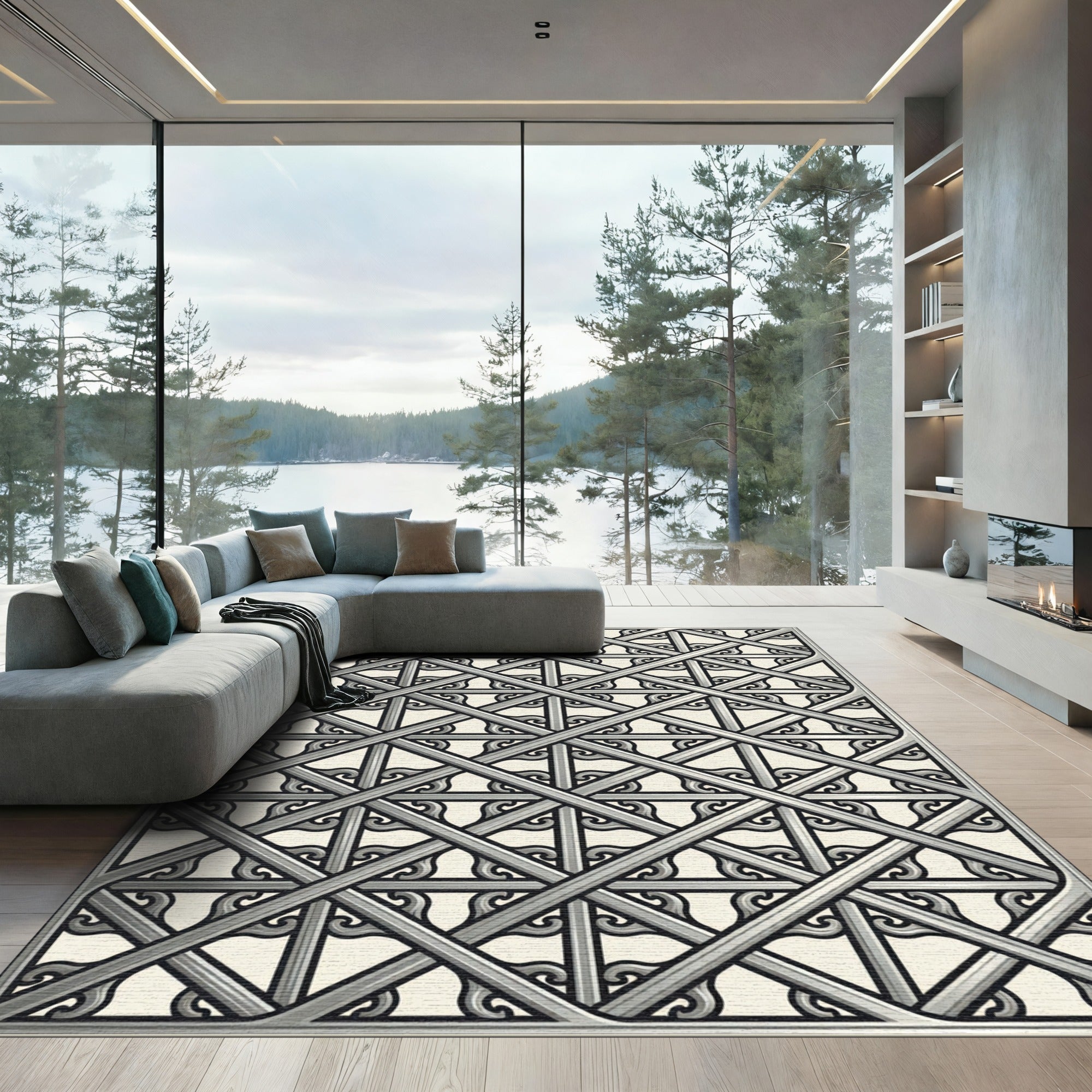 Silver Interlocking Lattice Swirl Rug