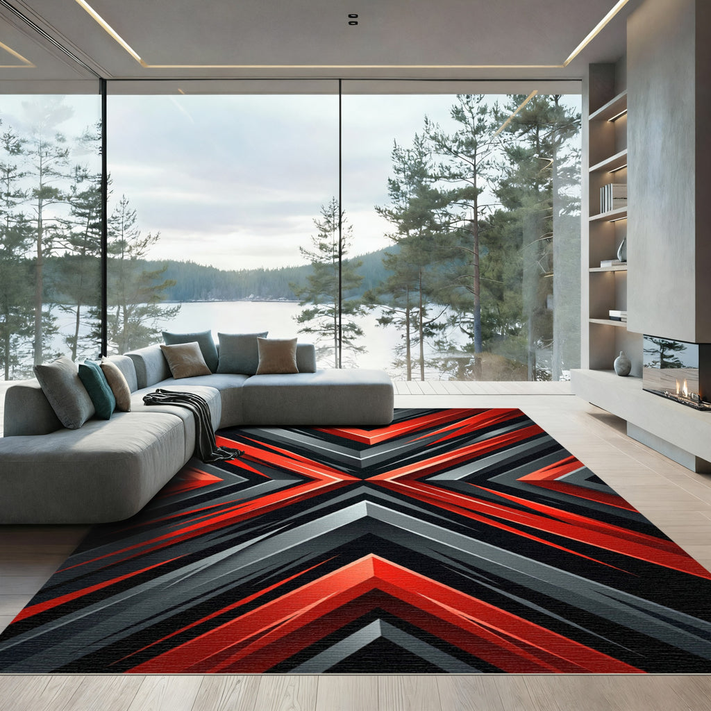 Bold Red Gray Abstract Geometric Chevron Rug