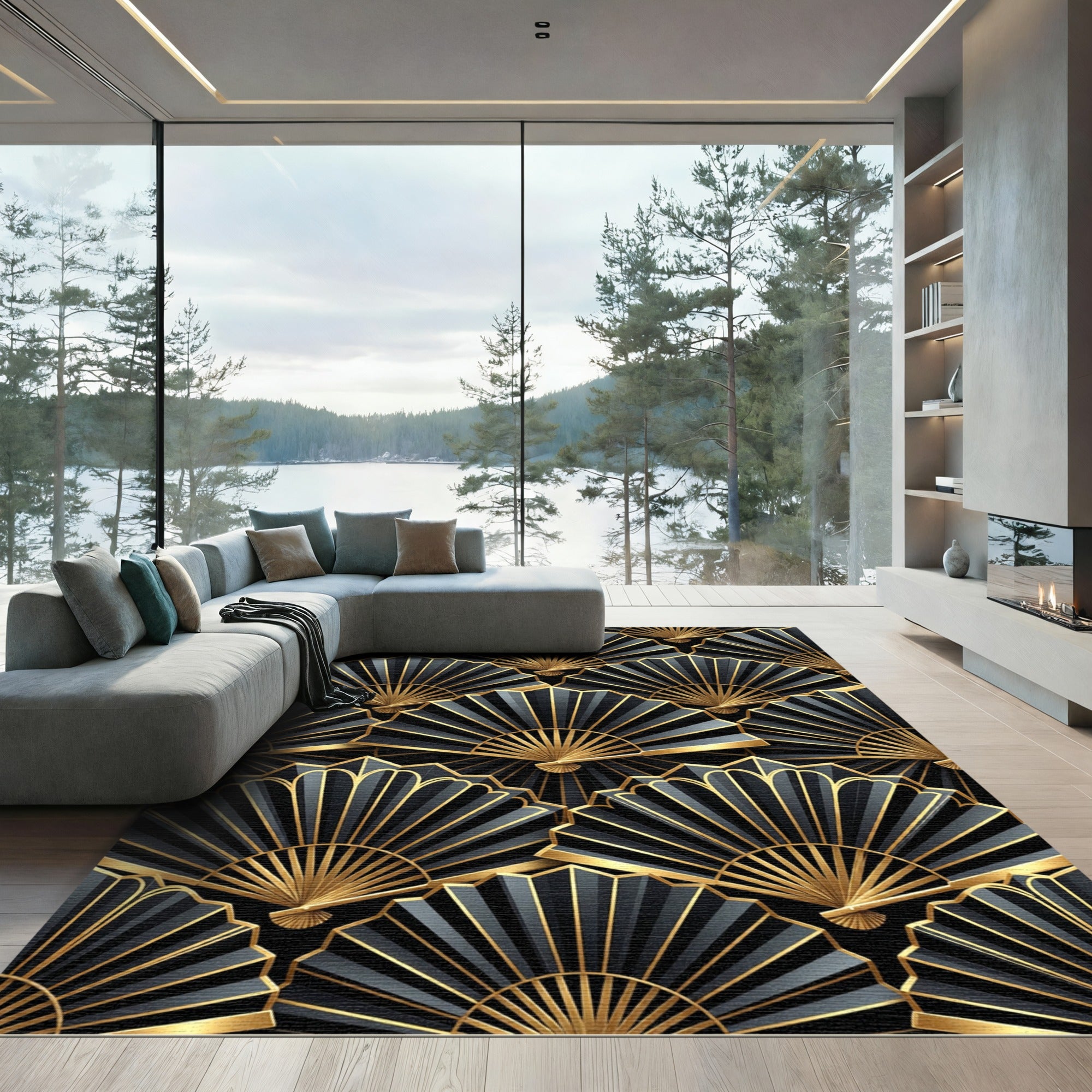 Elegant Gold and Black Fan Art Rug