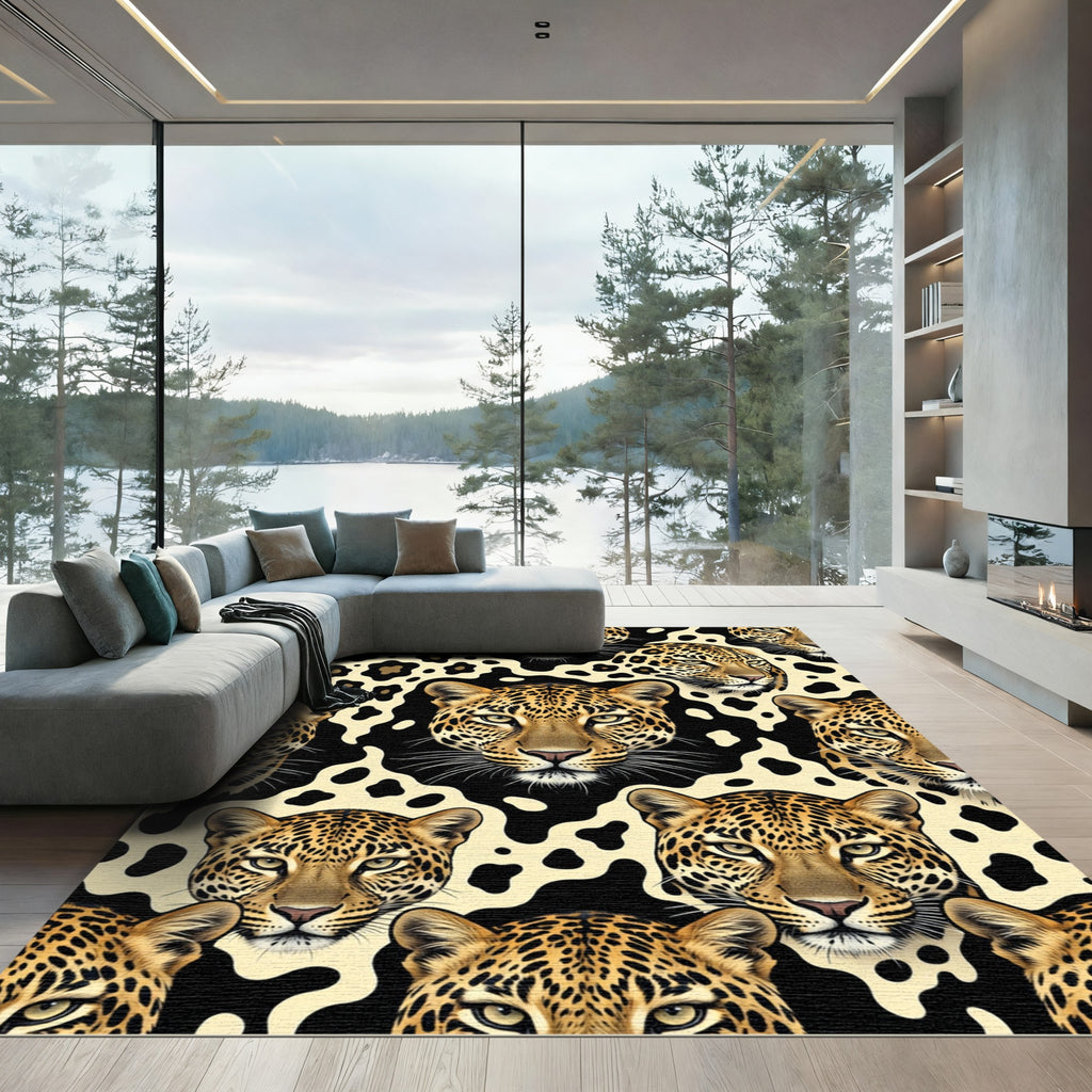 Golden Leopard Faces Black Cream Spots Rug