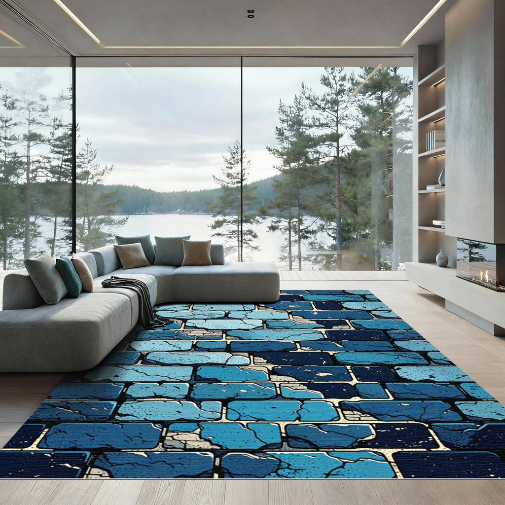 Distressed Blue Brick Wall Texture Rug