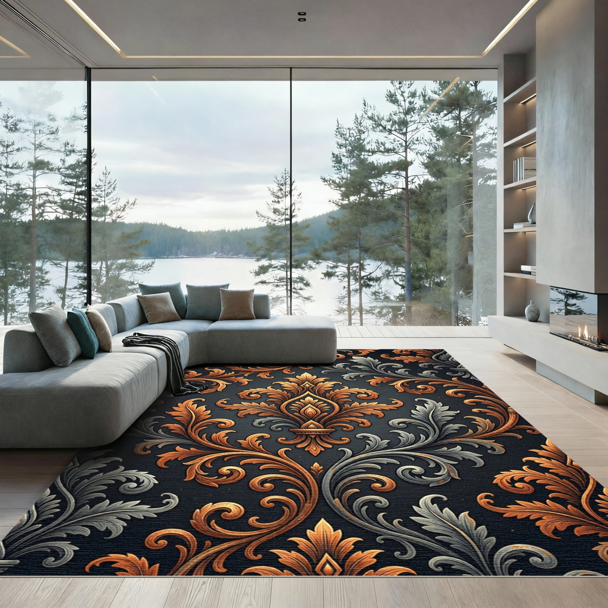 Ornate Gold Silver Damask Scrolls Rug