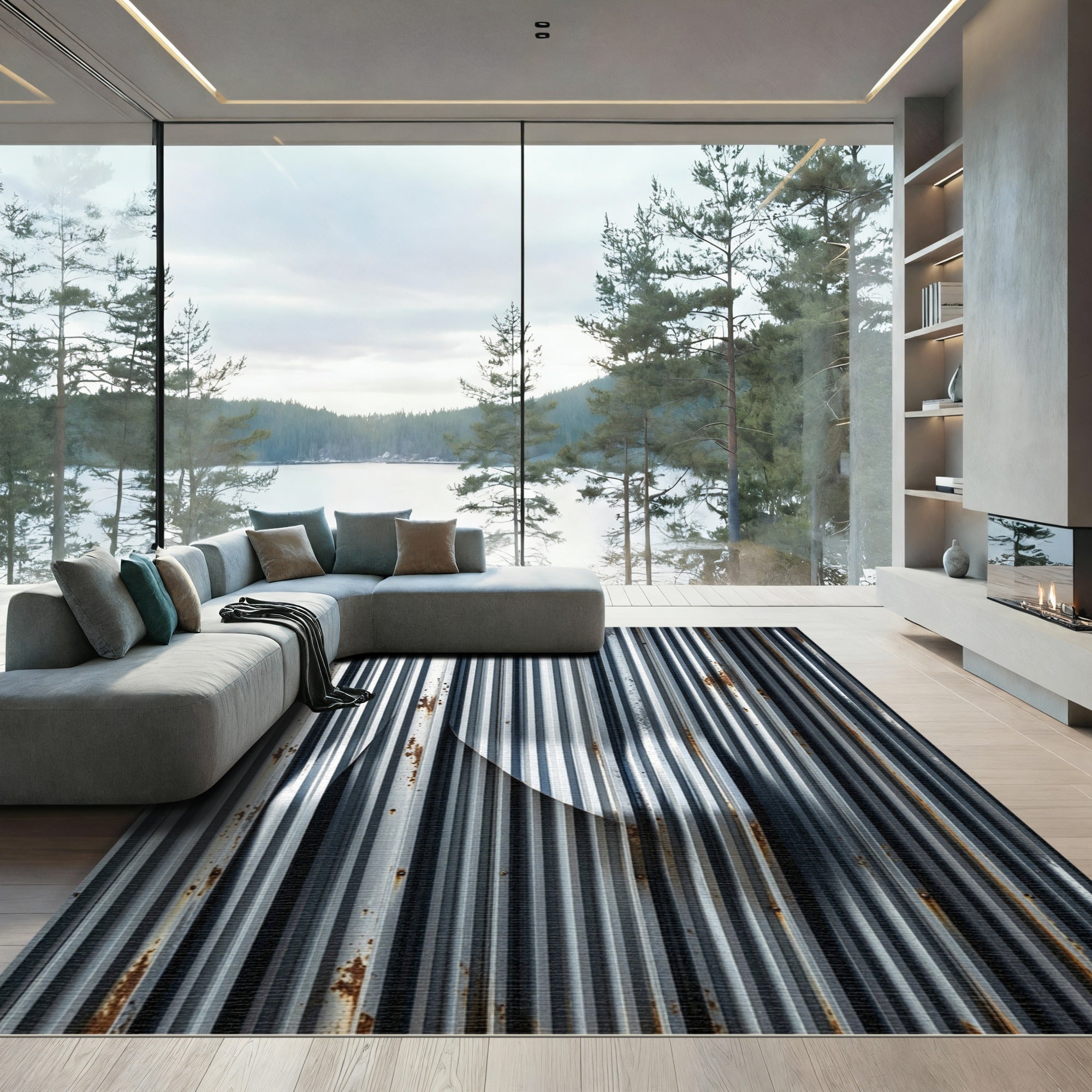 Metallic Industrial Corrugated Silver Striped Rug