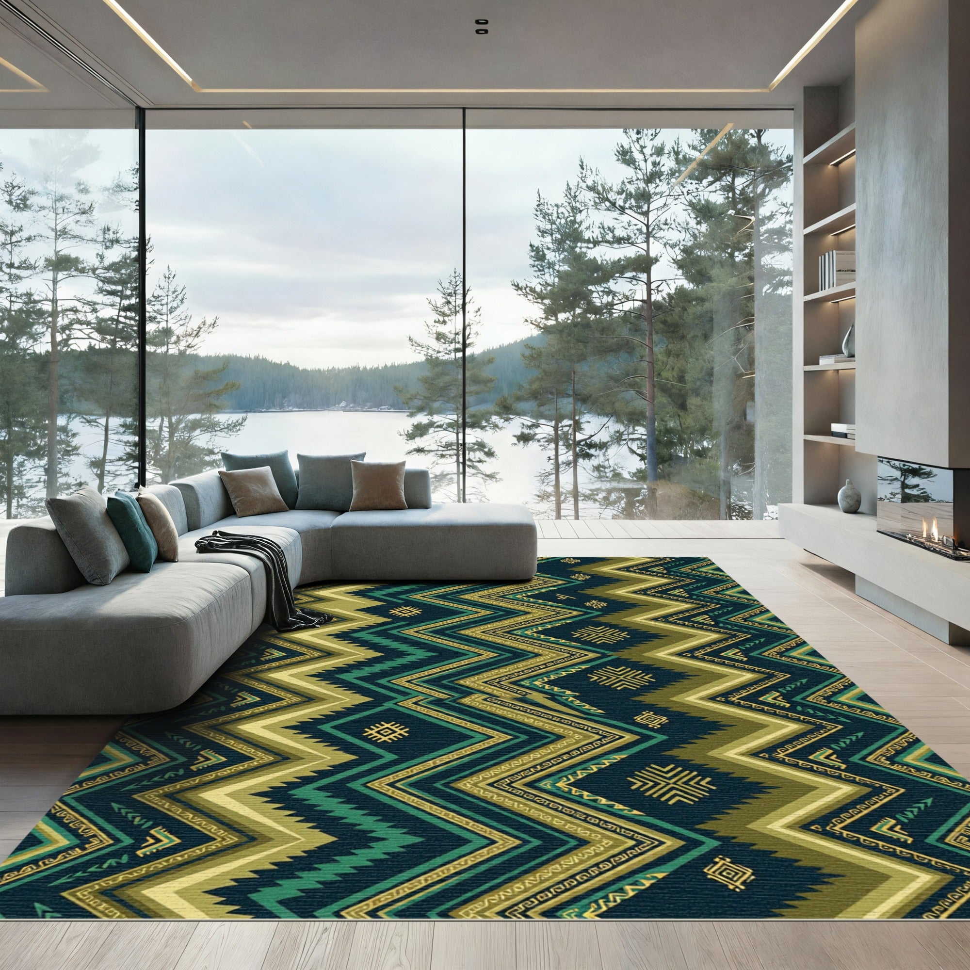 Geometric Chevron Olive And Teal Ikat Rug