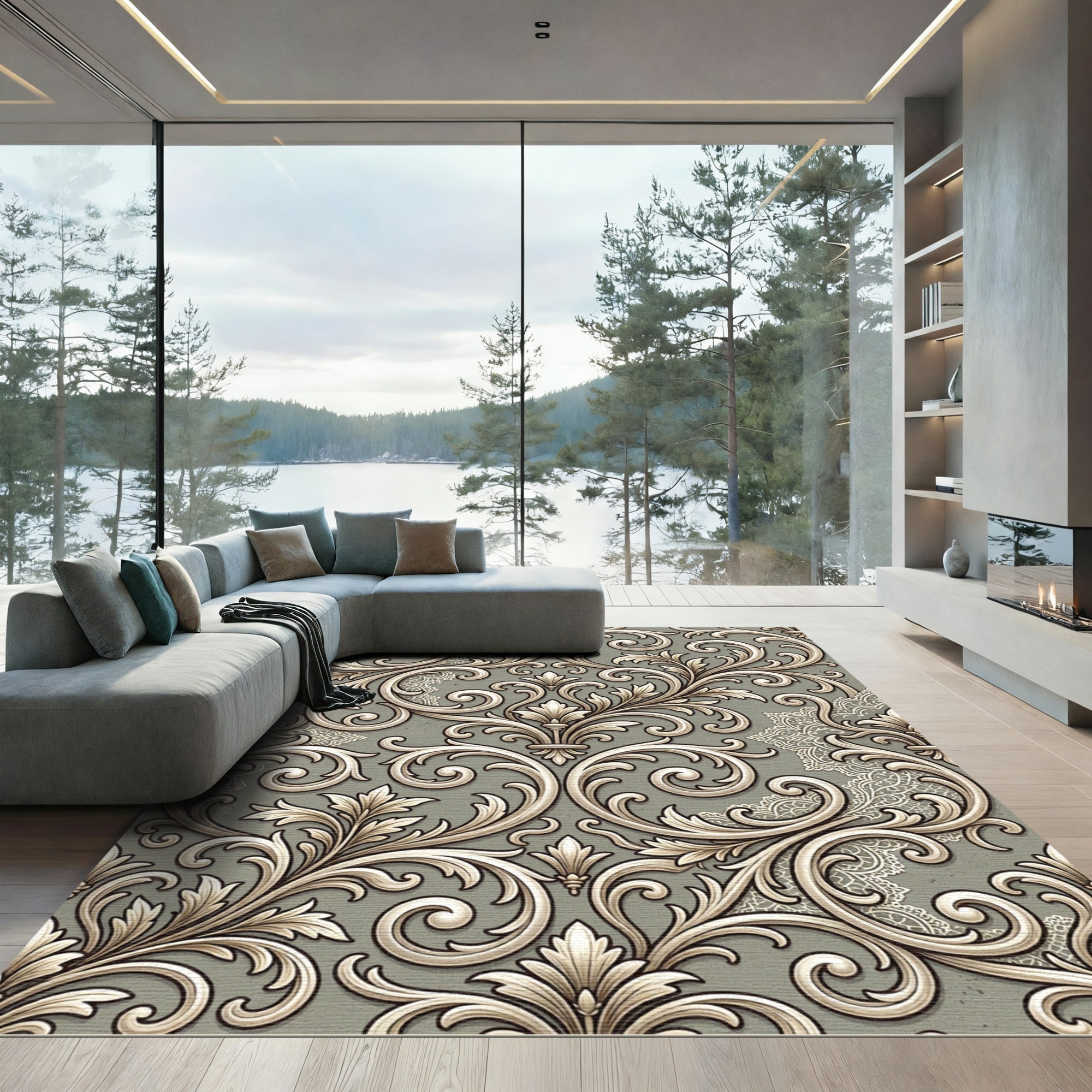 Ornate Gray Scroll Lace Rug