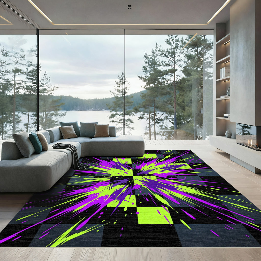 Neon Purple and Lime Splatter Grid Rug