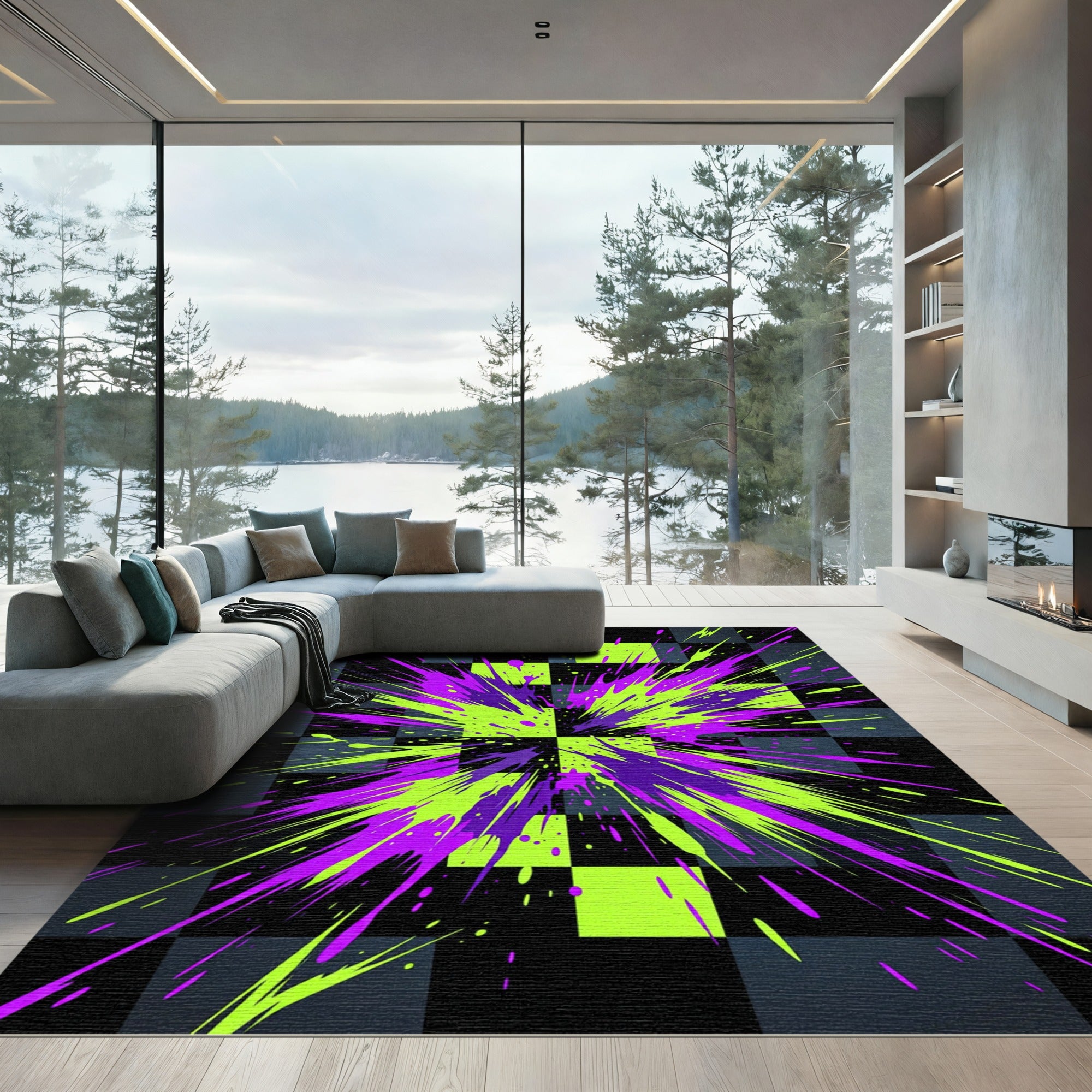 Neon Purple and Lime Splatter Grid Rug