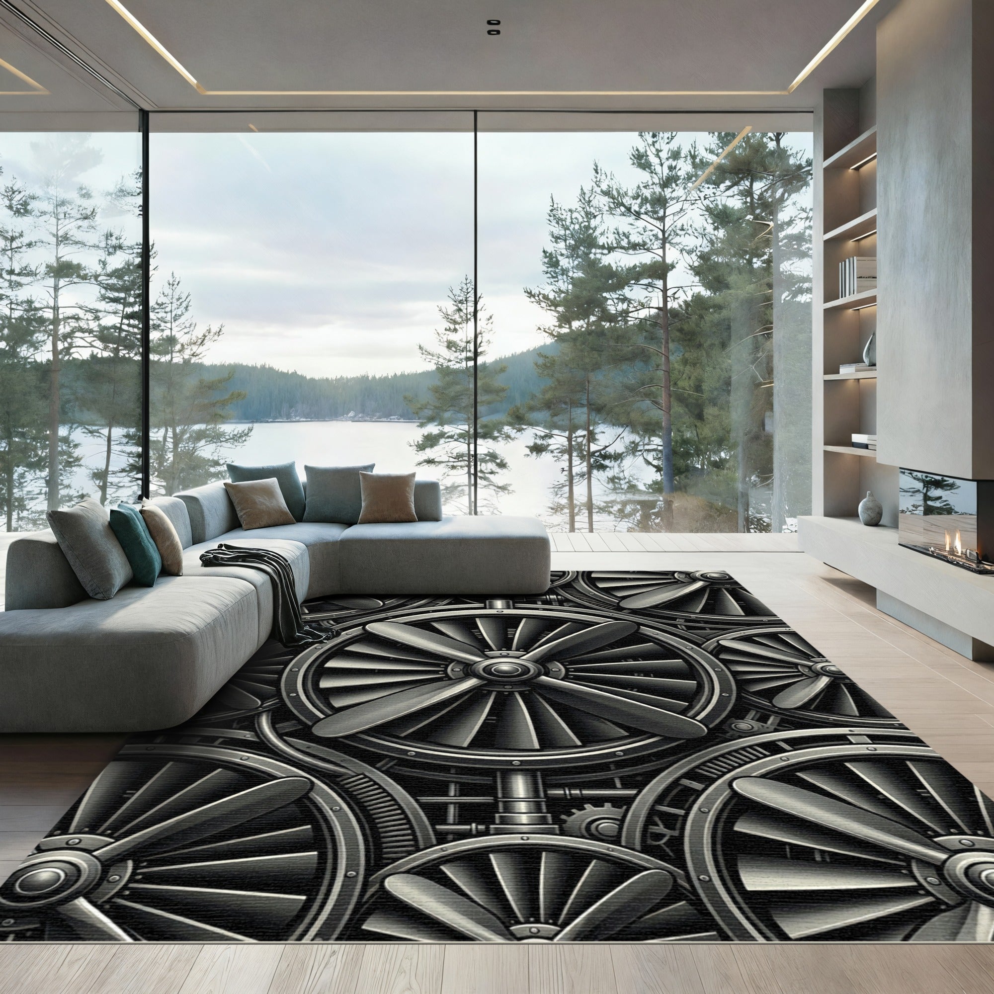 Industrial Gray Turbine Fan Collage Rug