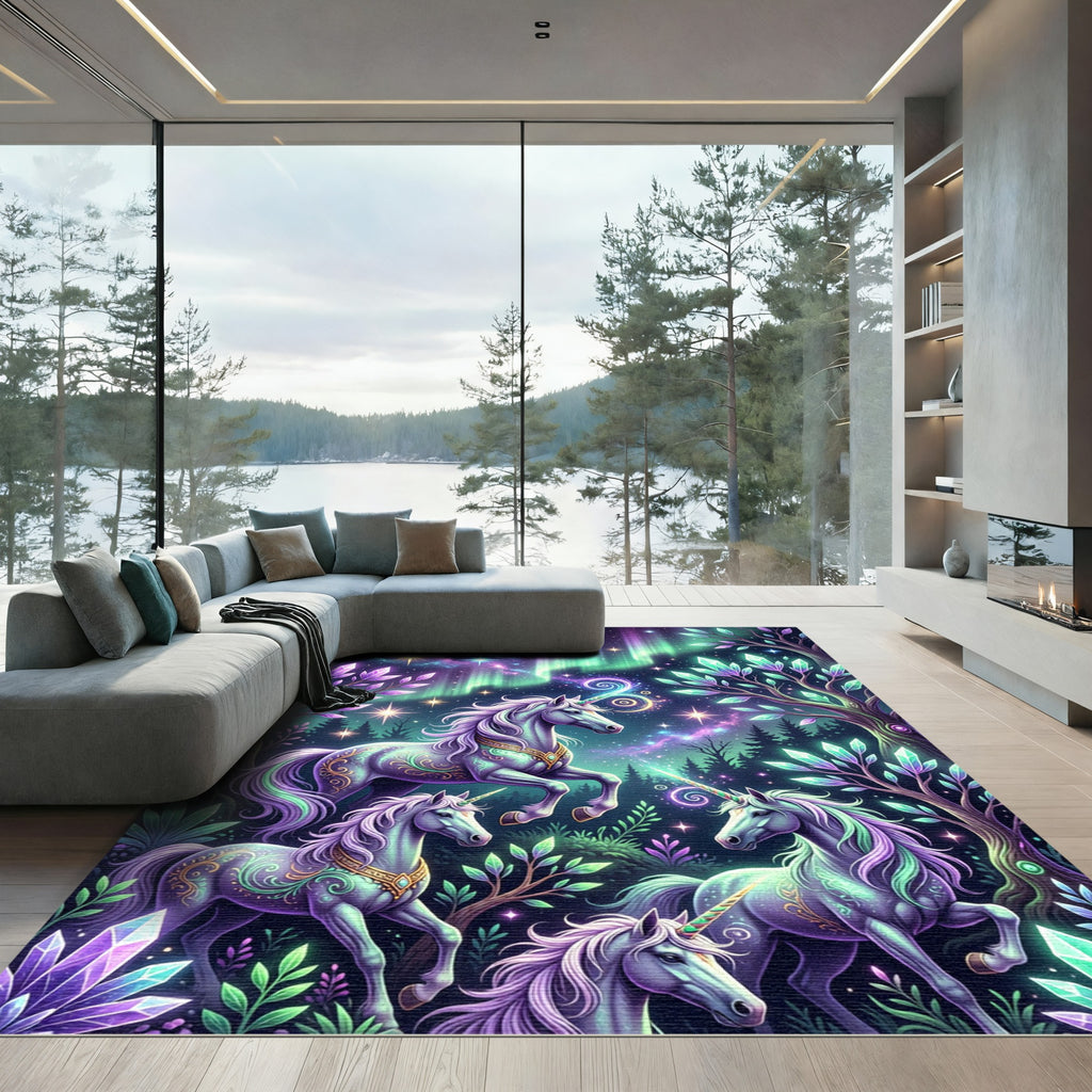 Enchanted Cosmic Unicorn Crystal Forest Rug