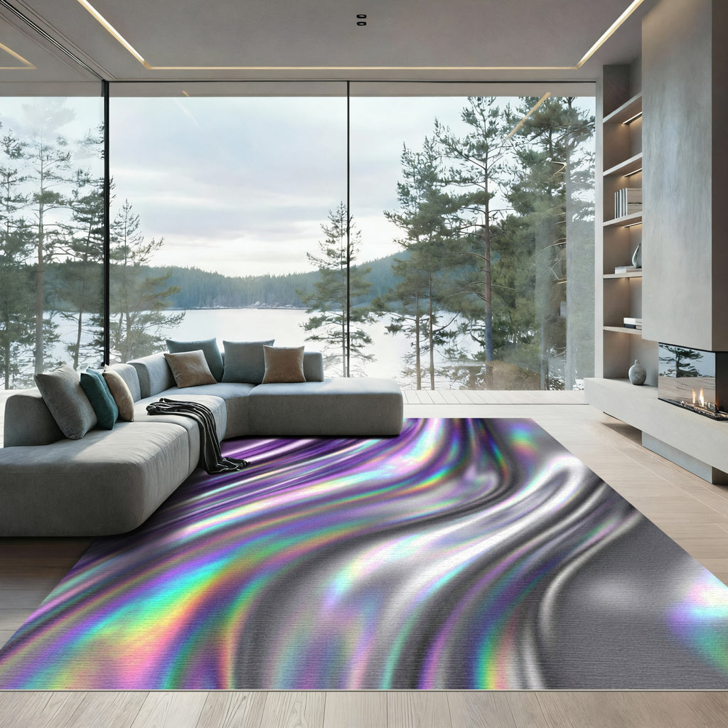 Iridescent Liquid Purple Silver Fluid Wave Rug