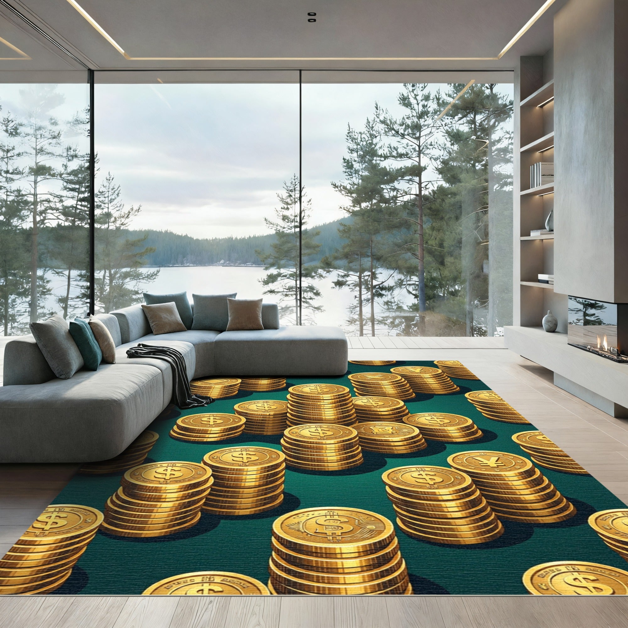 Golden Stacks of Currency Wealth Rug