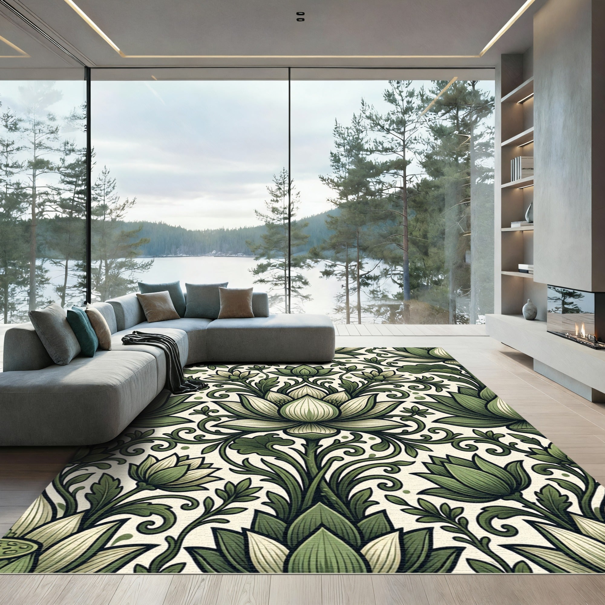 Earthy Sage Lotus Botanical Scroll Rug