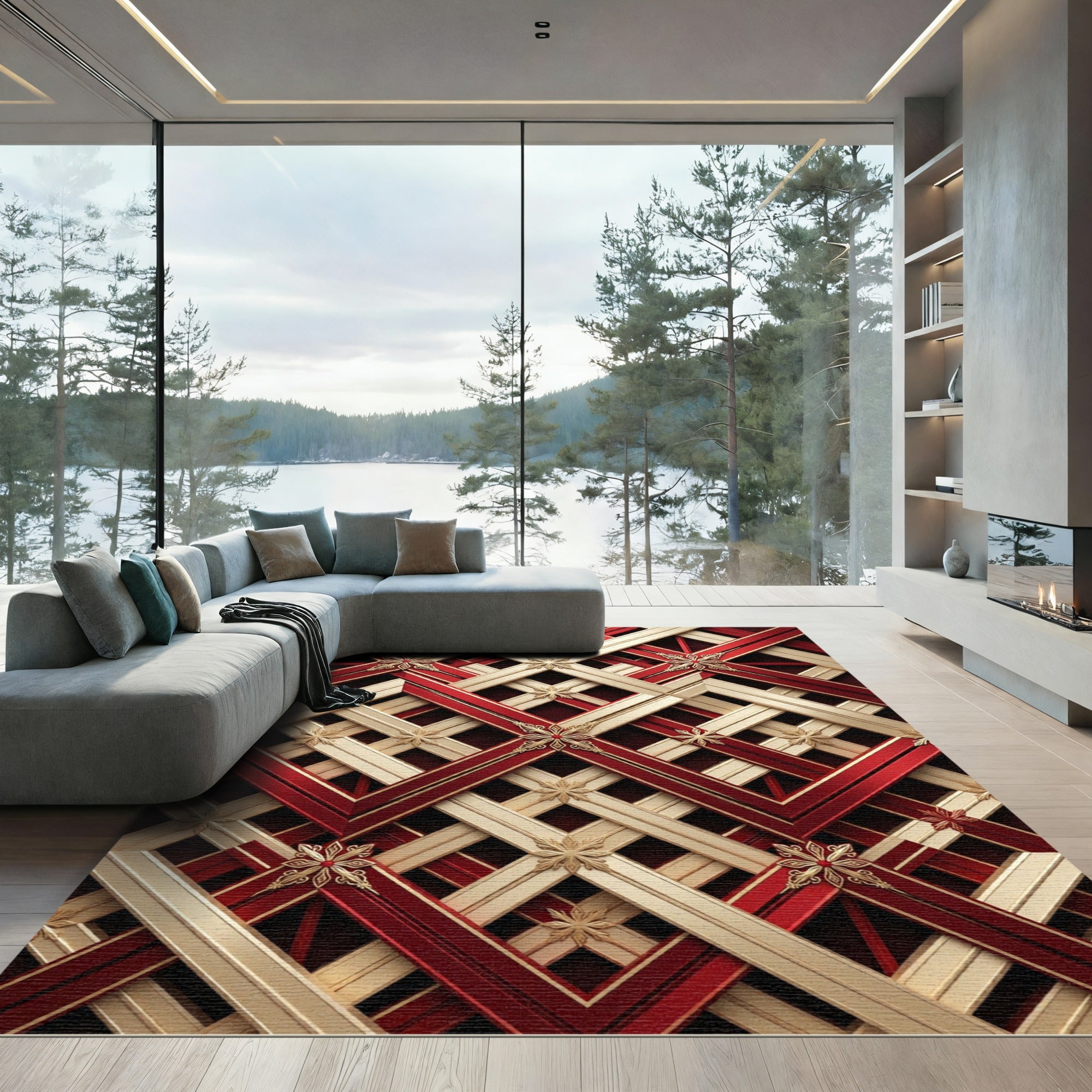 Red Gold Geometric Lattice Floral Rug