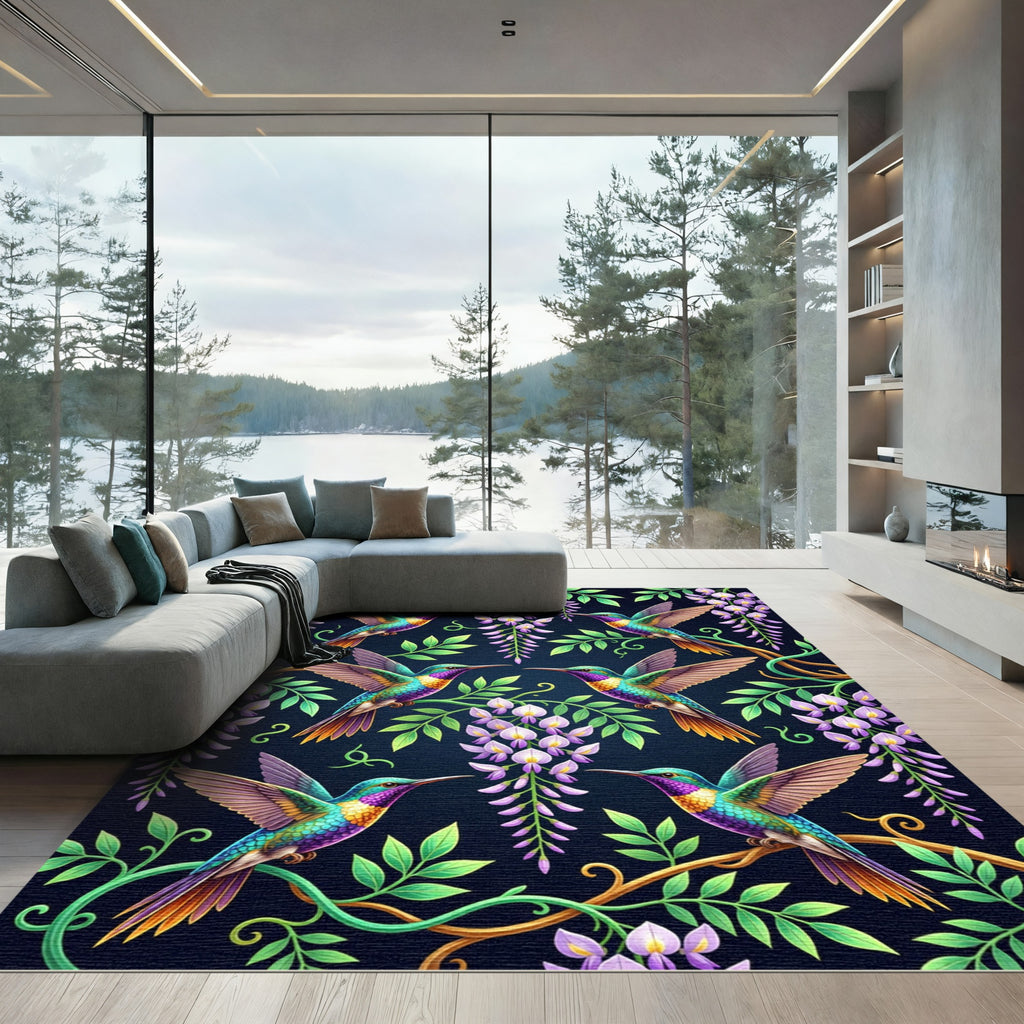 Hummingbird and Wisteria Floral Garden Art Rug