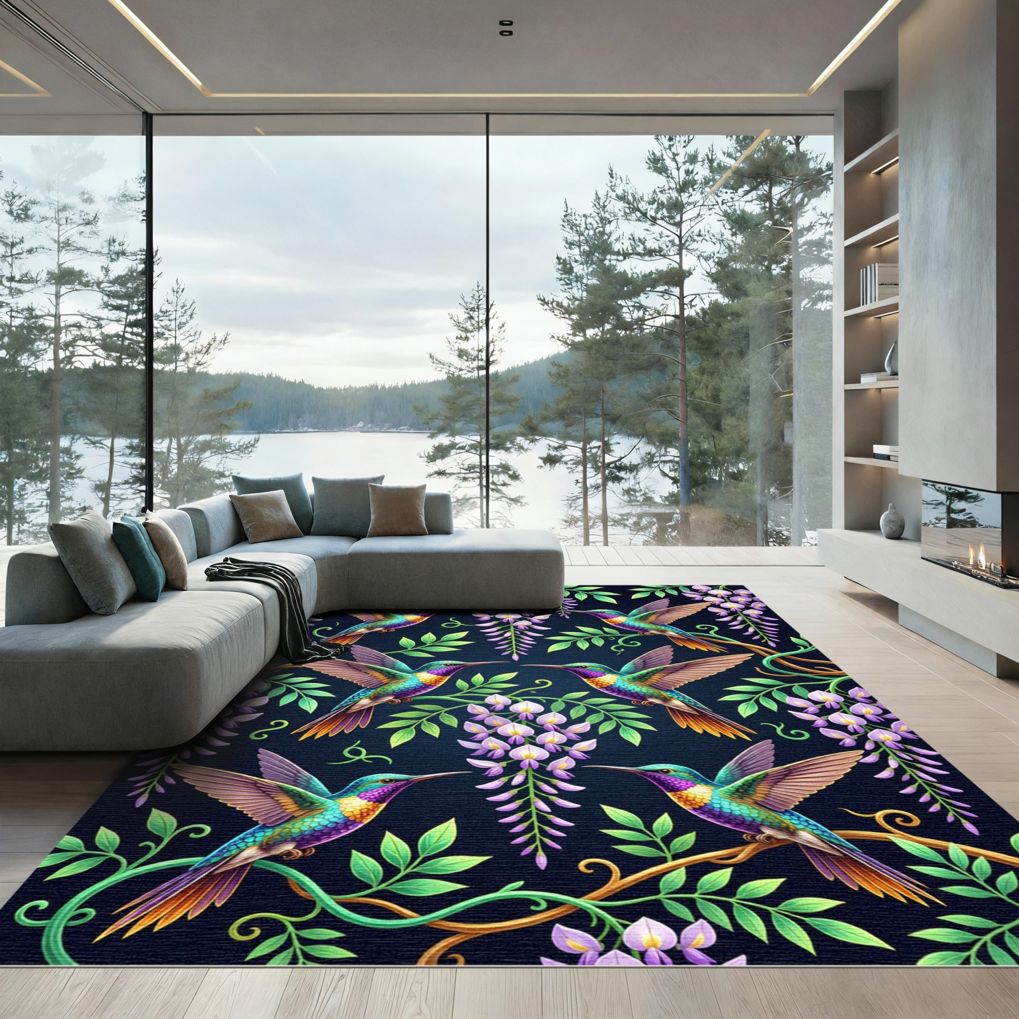 Hummingbird and Wisteria Floral Garden Art Rug