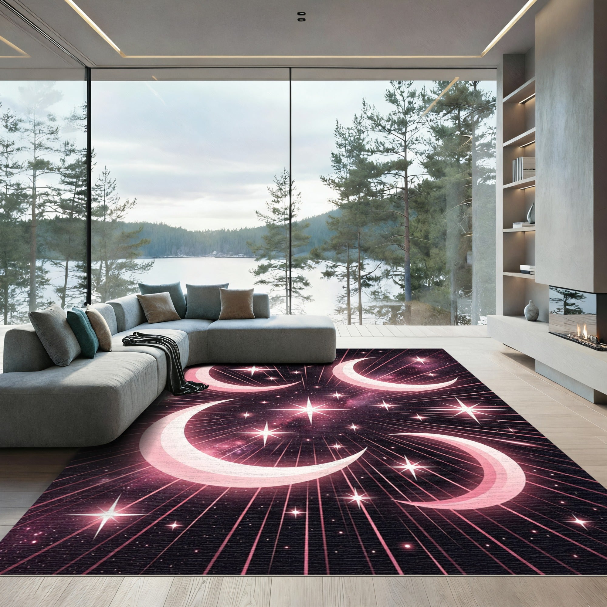 Celestial Pink Crescent Moon Stars Rug