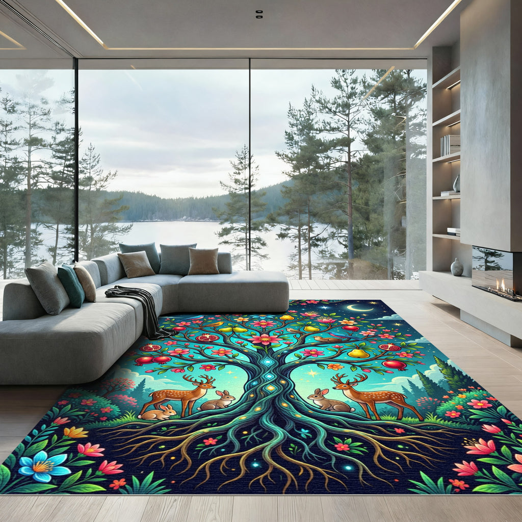 Enchanted Tree Life Rabbits Deer Garden Rug