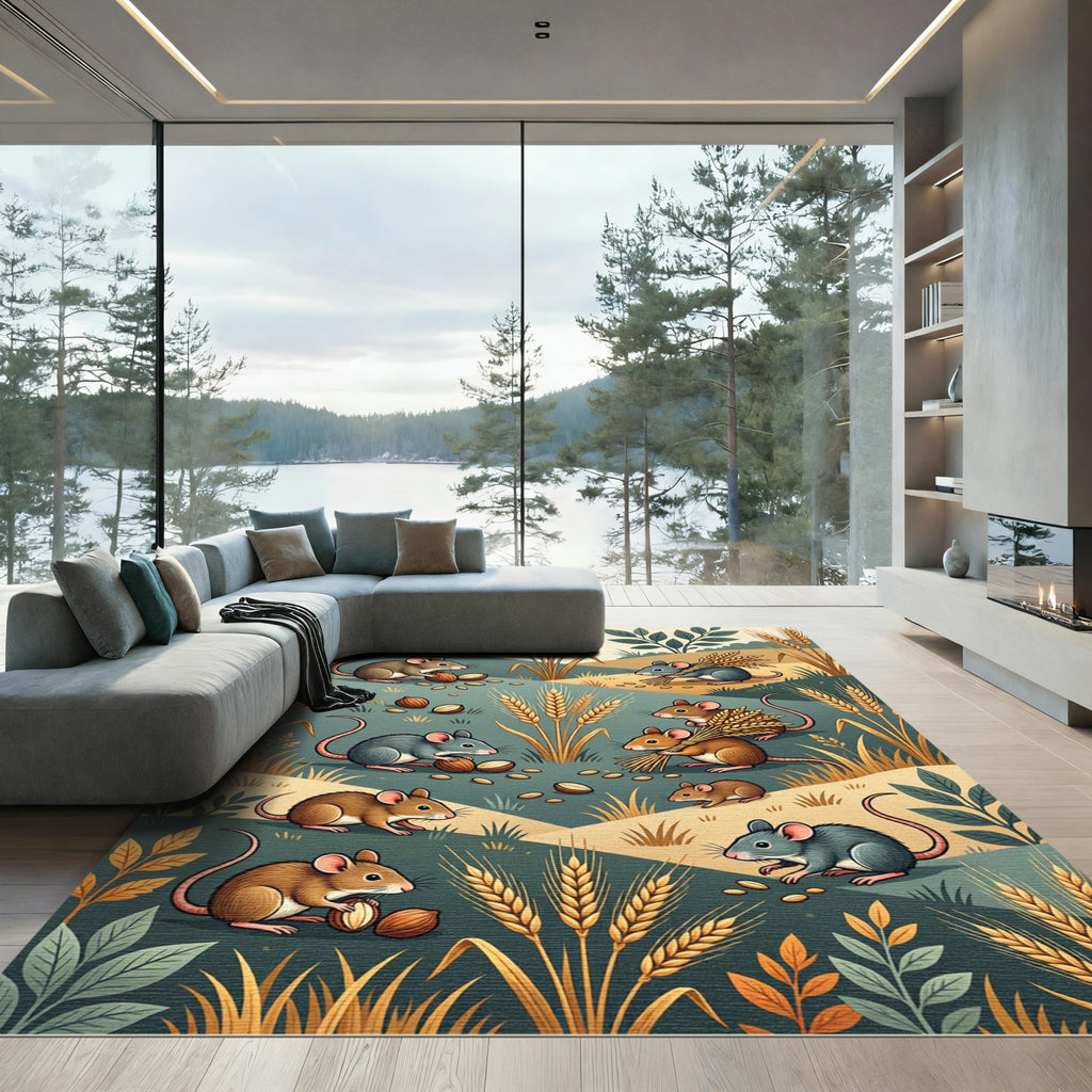 Whimsical Harvest Mice Wheat Meadow Rug