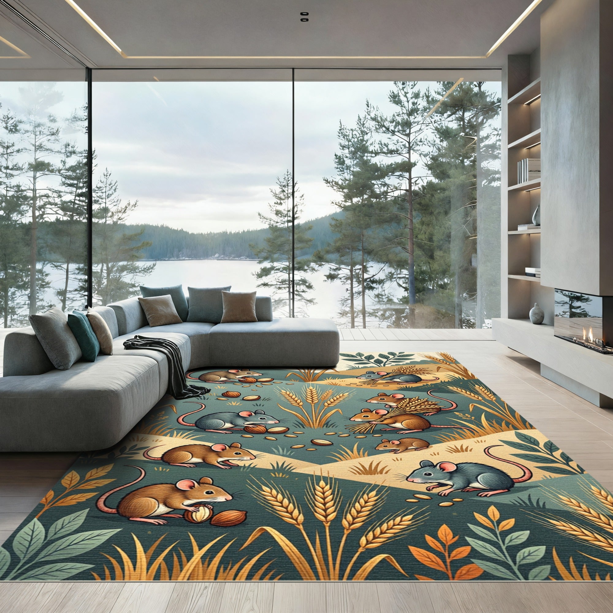 Whimsical Harvest Mice Wheat Meadow Rug