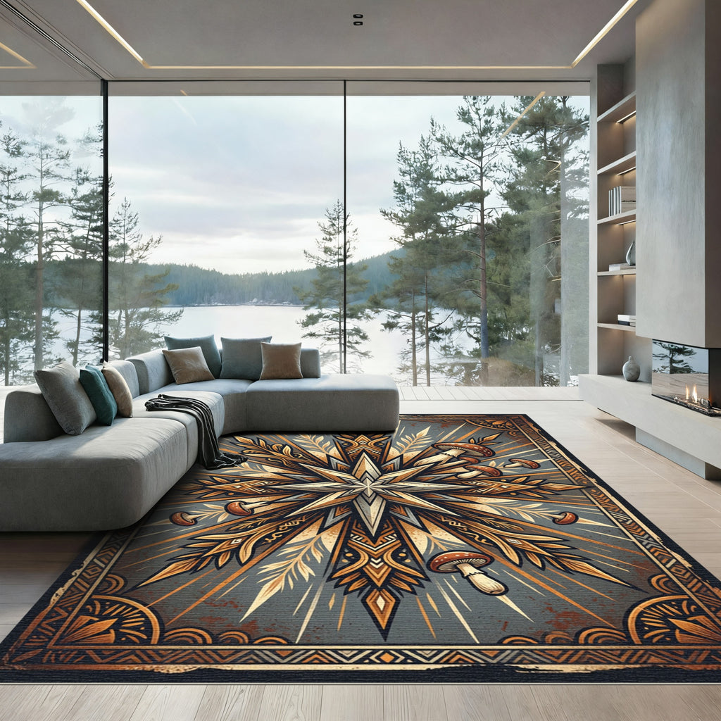 Celestial Golden Mushroom Starburst Ornament Rug