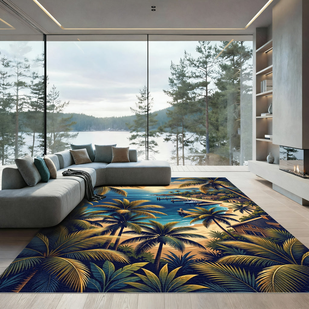 Tropical Palm Sunset Coastal Seascape Rug