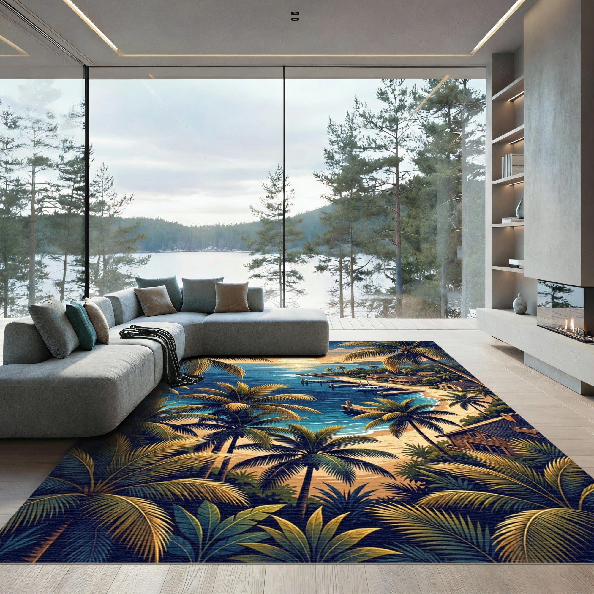 Tropical Palm Sunset Coastal Seascape Rug
