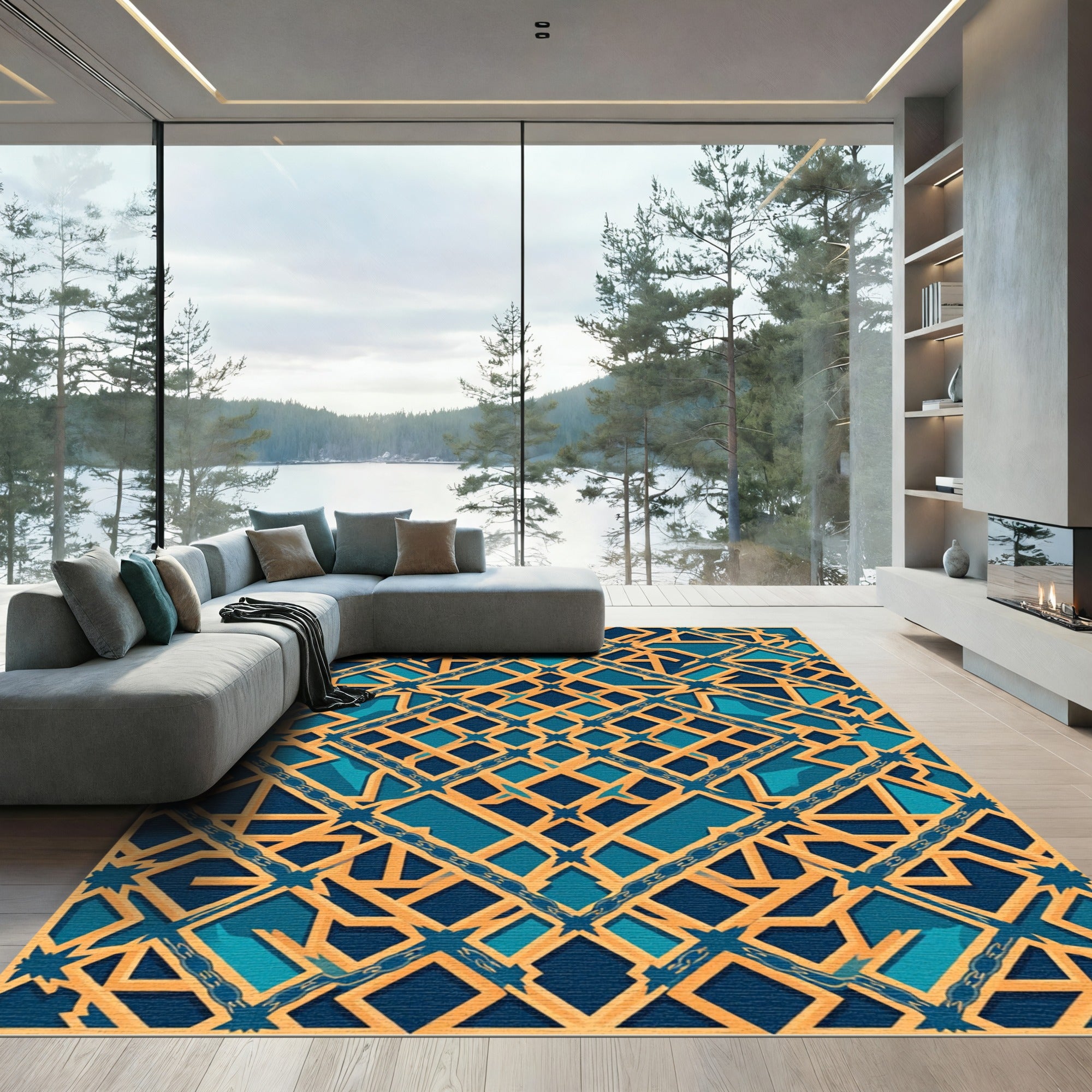 Golden Geometric Interlocking Azure Lattice Rug