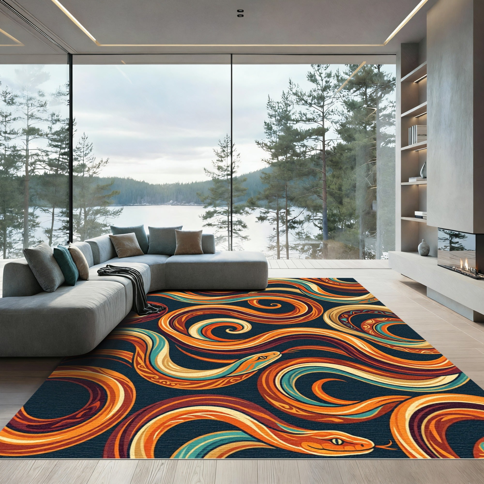 Vibrant Orange Serpentine Abstract Flow Art Rug