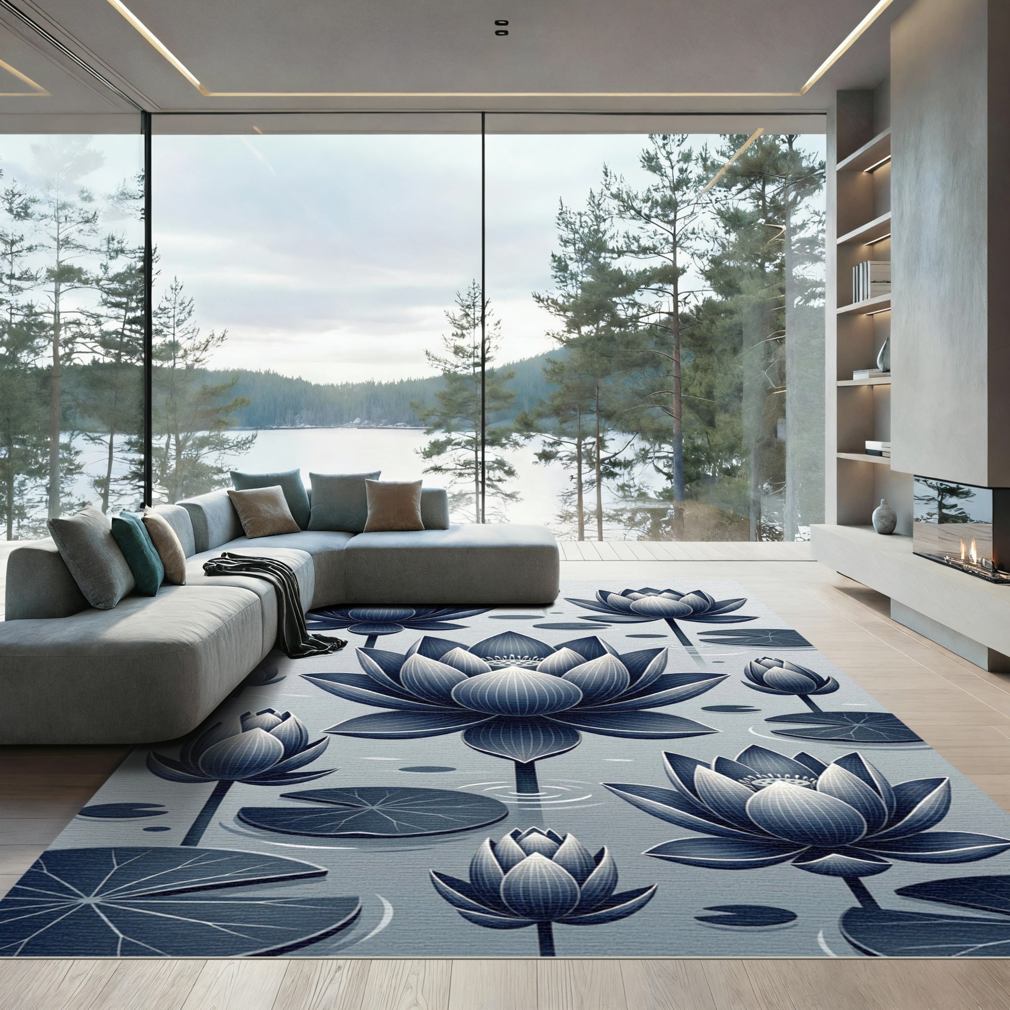 Serene Indigo Lotus Botanical Art Rug