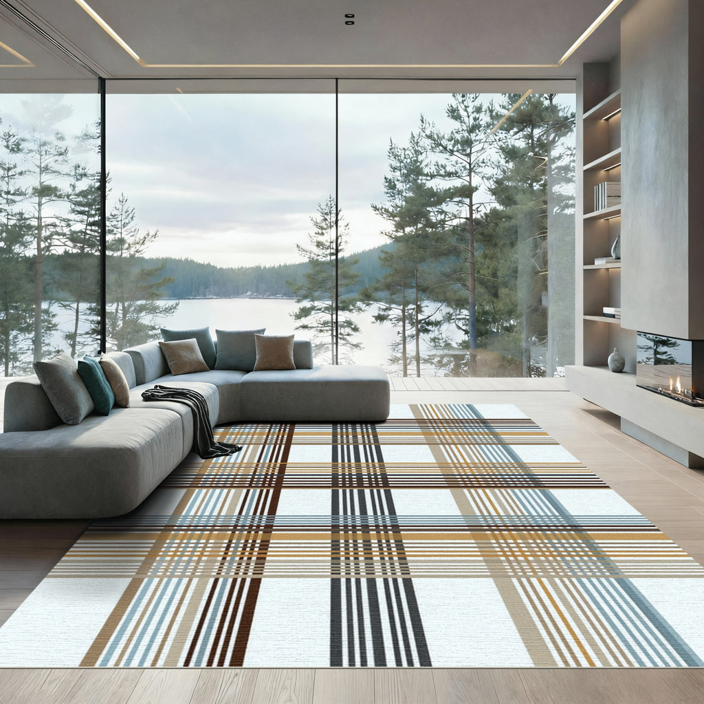 Brown Tan Blue Gridded Plaid Rug