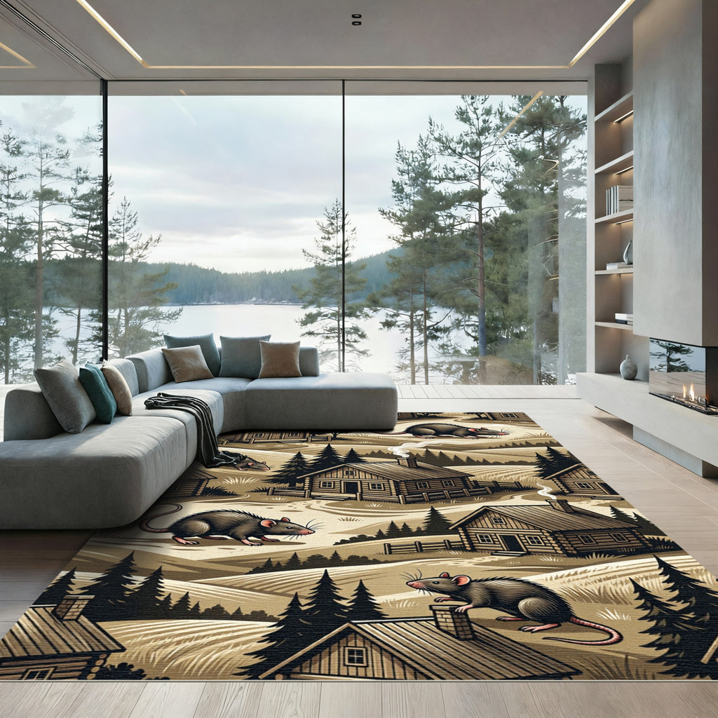 Rustic Forest Cabin and Rat Illustration Rug