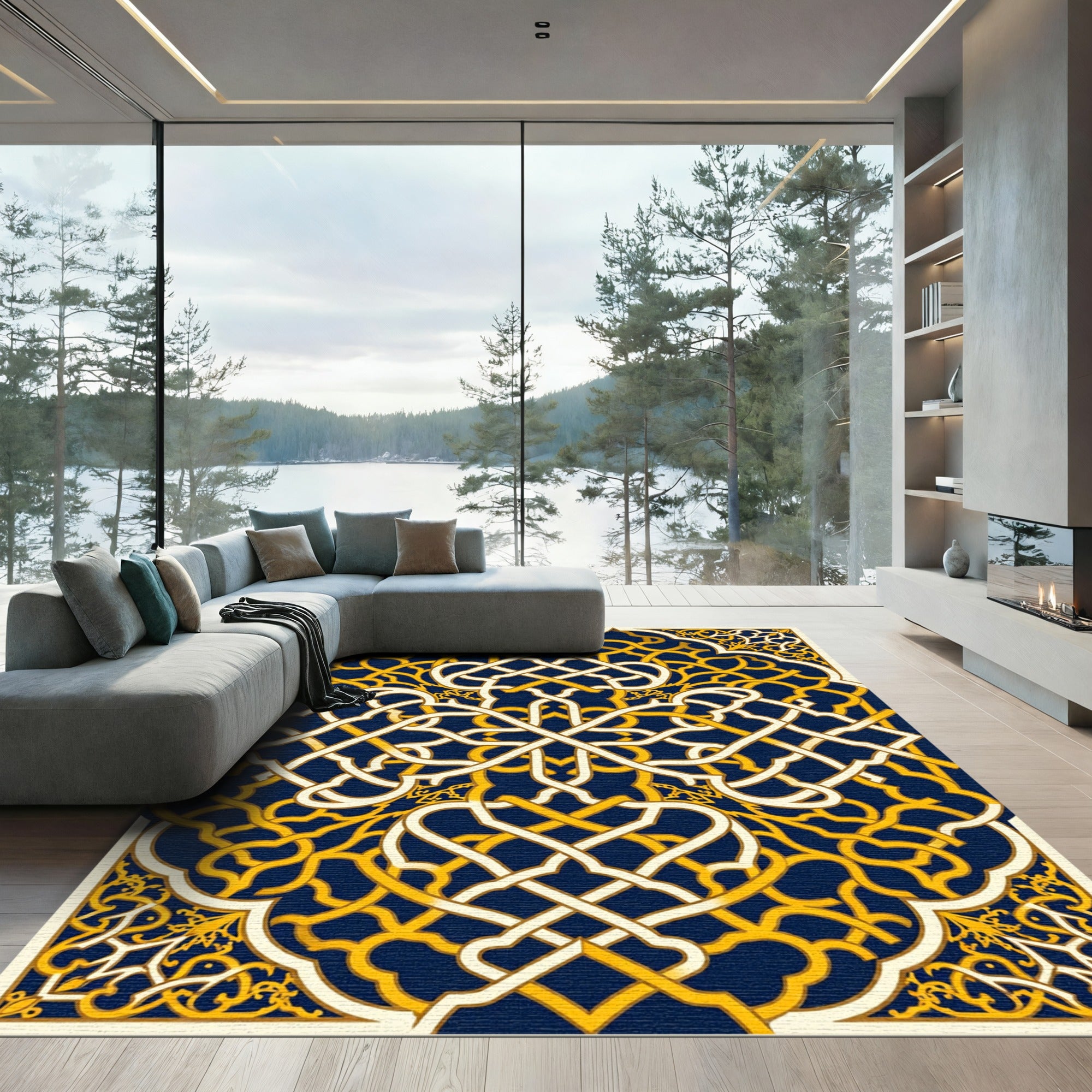 Golden Intertwined Navy Geometric Arabesque Rug
