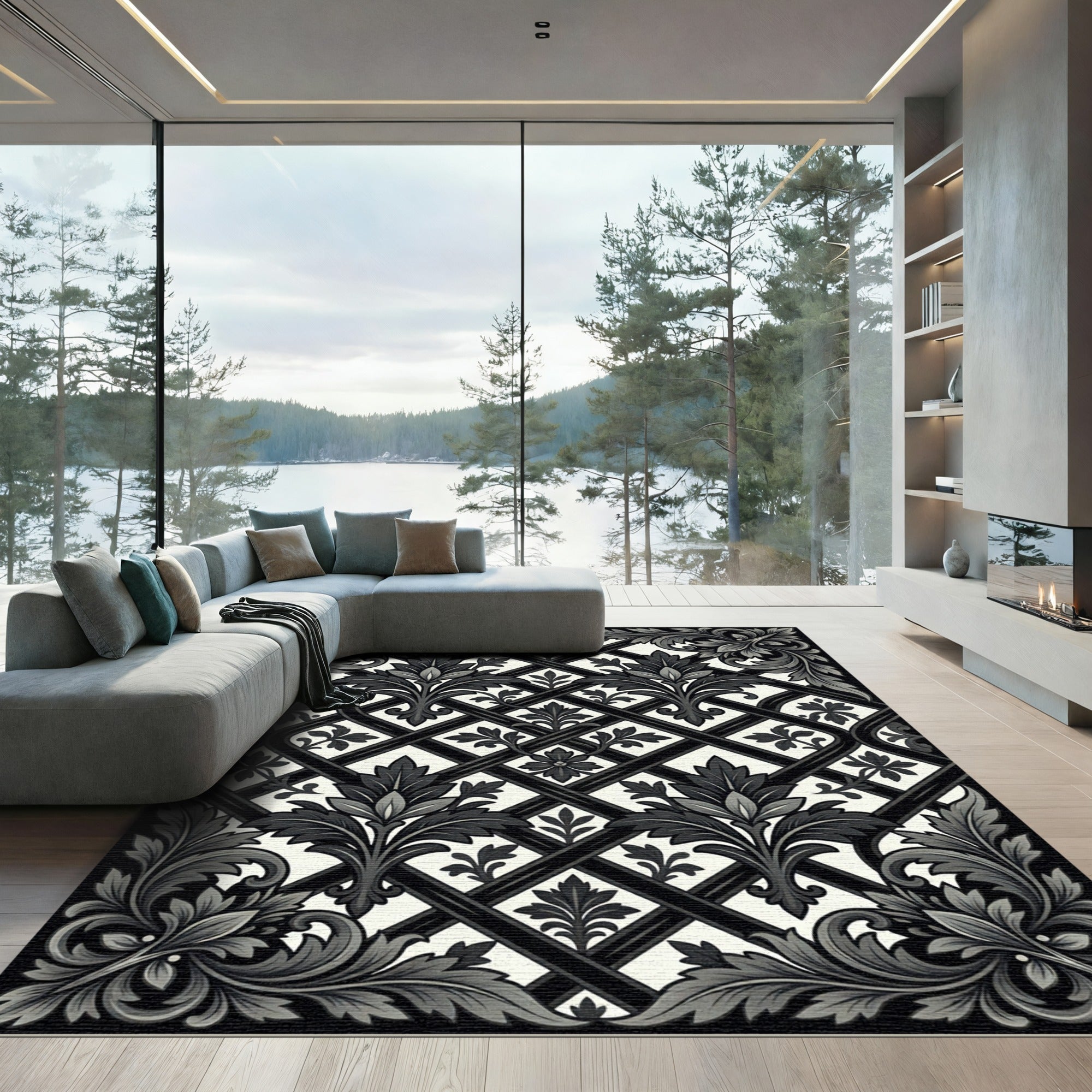Monochromatic Floral Lattice Accents Rug