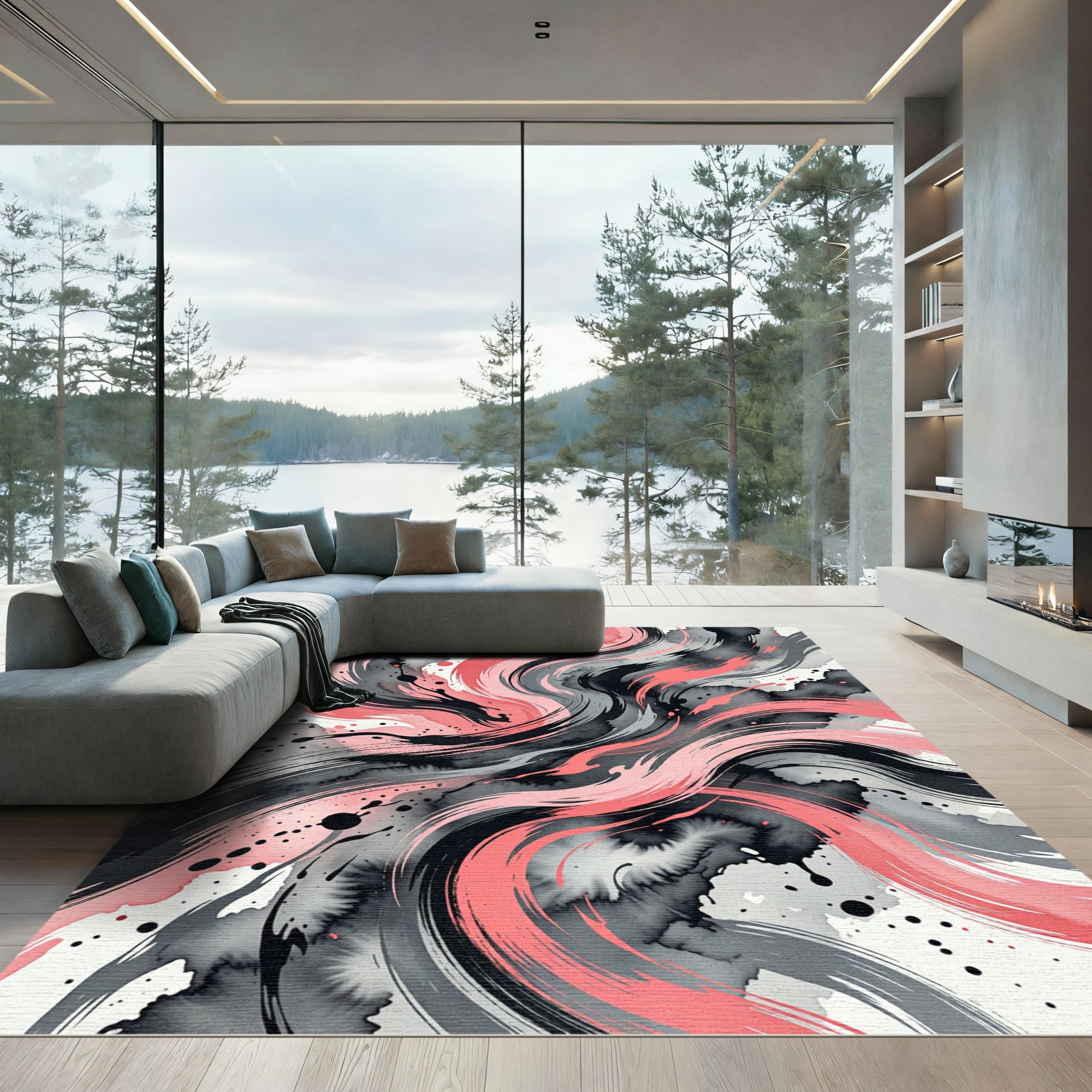 Coral Pink Brushstroke Abstract Rug