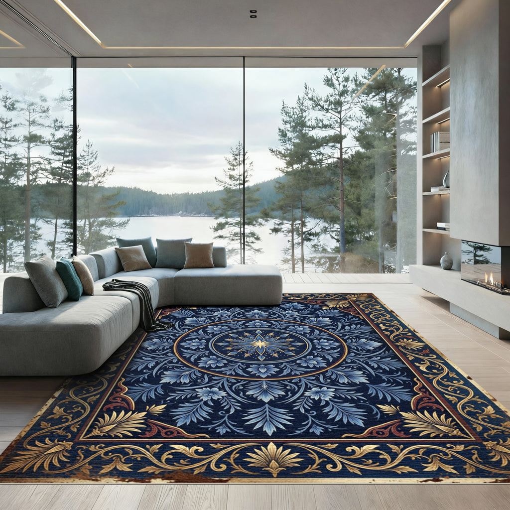 Intricate Blue Floral Gold Medallion Rug