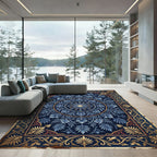 Intricate Blue Floral Gold Medallion Rug
