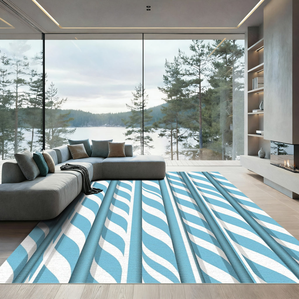 Sky Blue White Twisting Stripe Rug