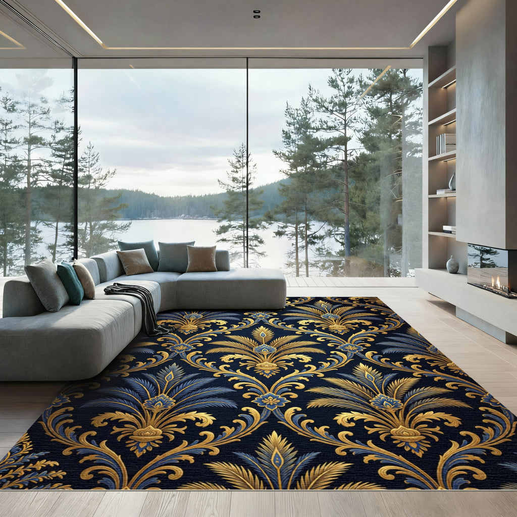 Ornate Gold and Navy Foliage Damask Rug