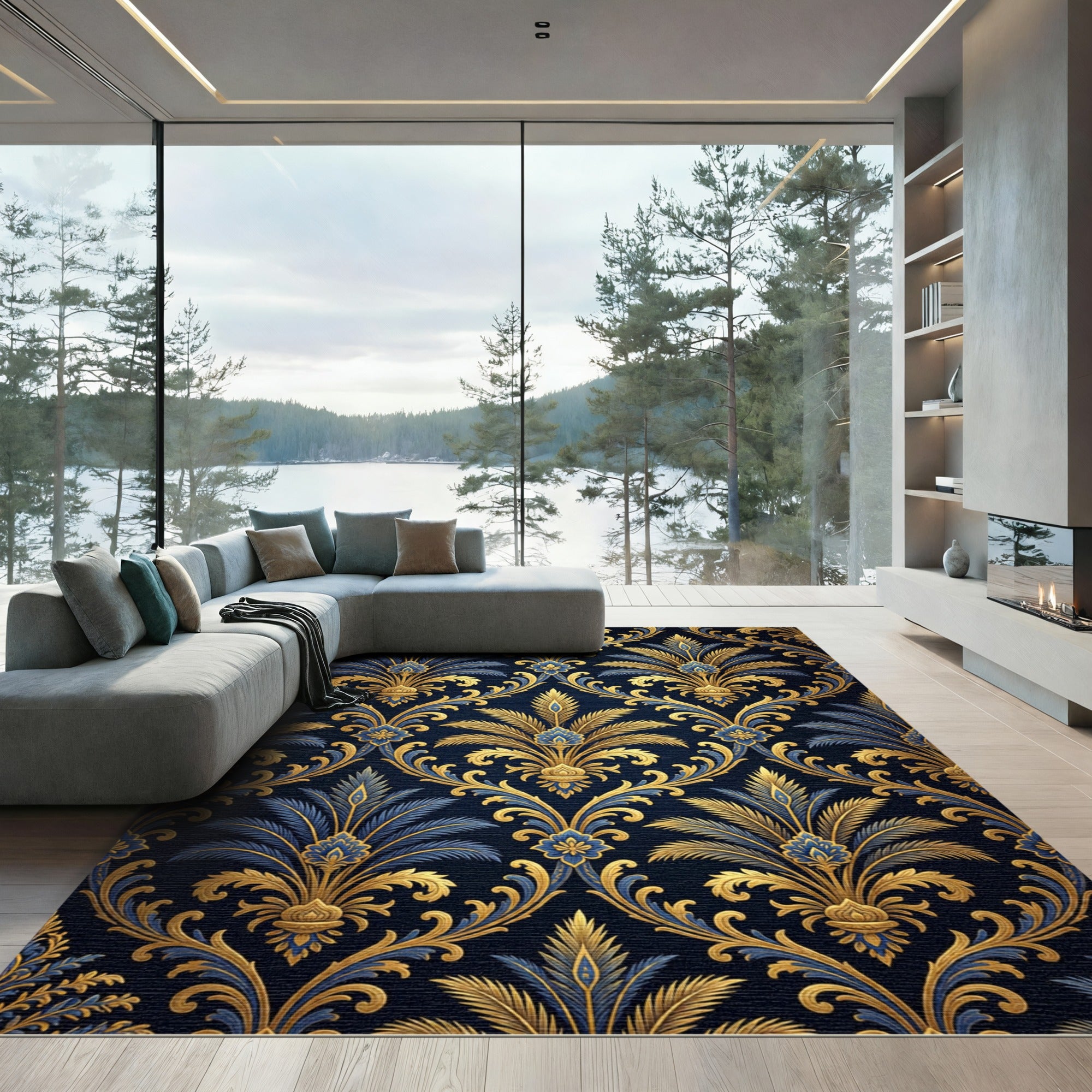 Ornate Gold and Navy Foliage Damask Rug