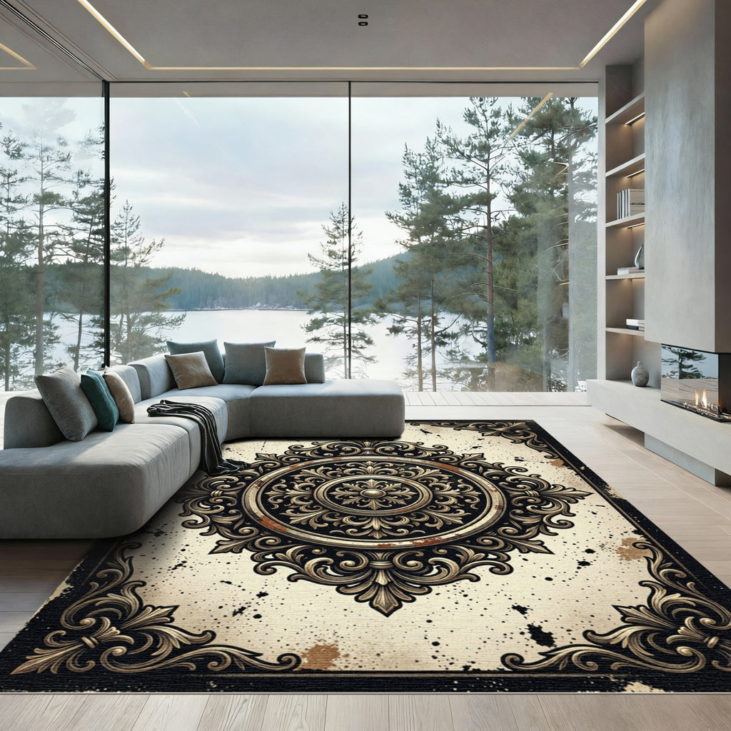 Ornate Antique Gold Filigree Medallion Rug