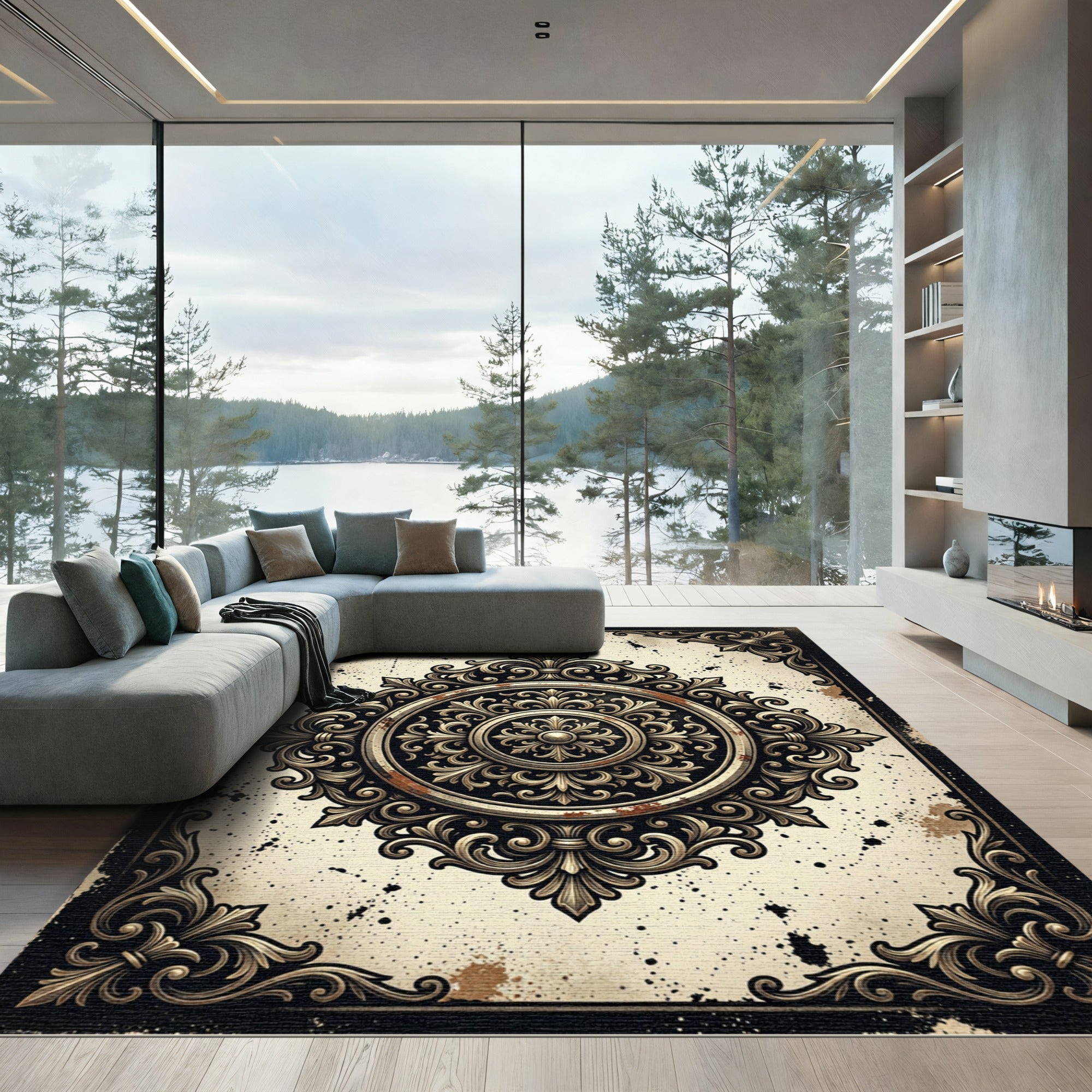 Ornate Antique Gold Filigree Medallion Rug