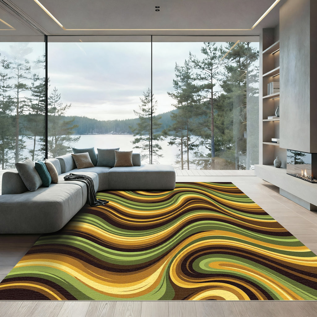 Golden Olive Abstract Wavy Swirl Rug