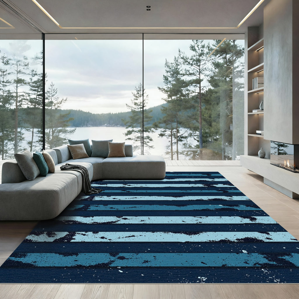Distressed Navy and Teal Coastal Stripe Rug