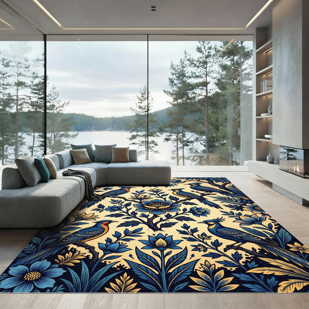 Elegant Blue Birds Floral Branches Rug