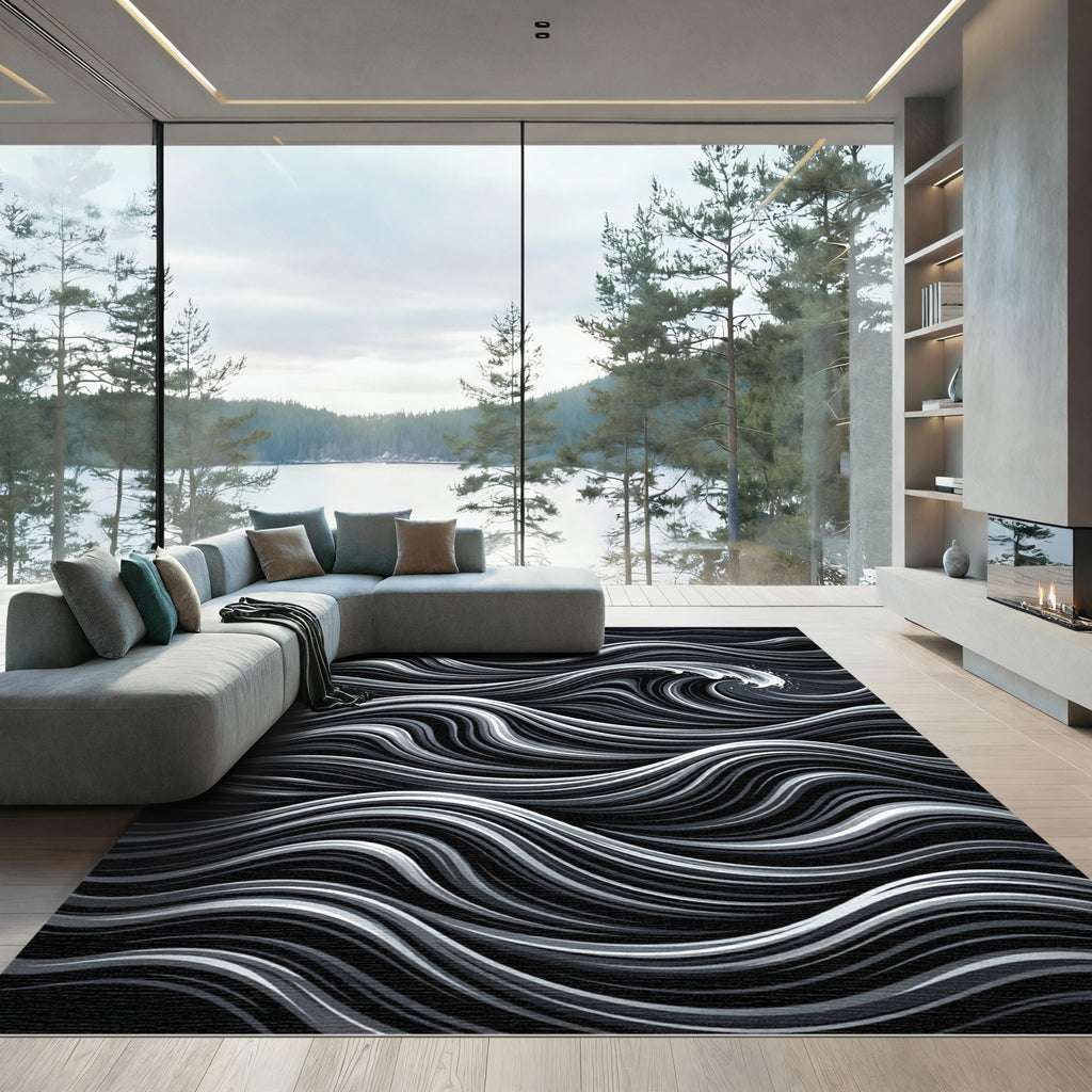 Monochrome Abstract Wave Motion Rug