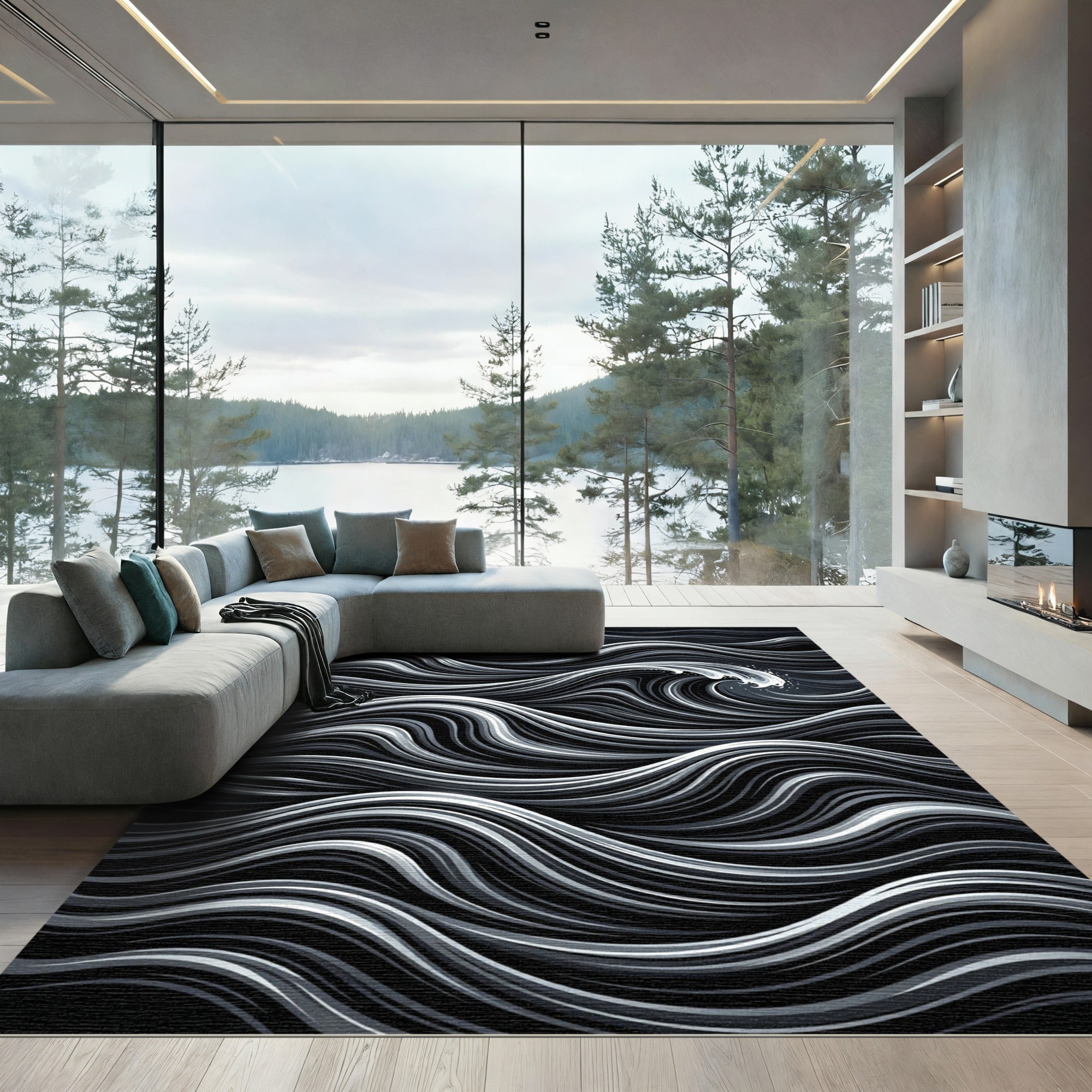 Monochrome Abstract Wave Motion Rug