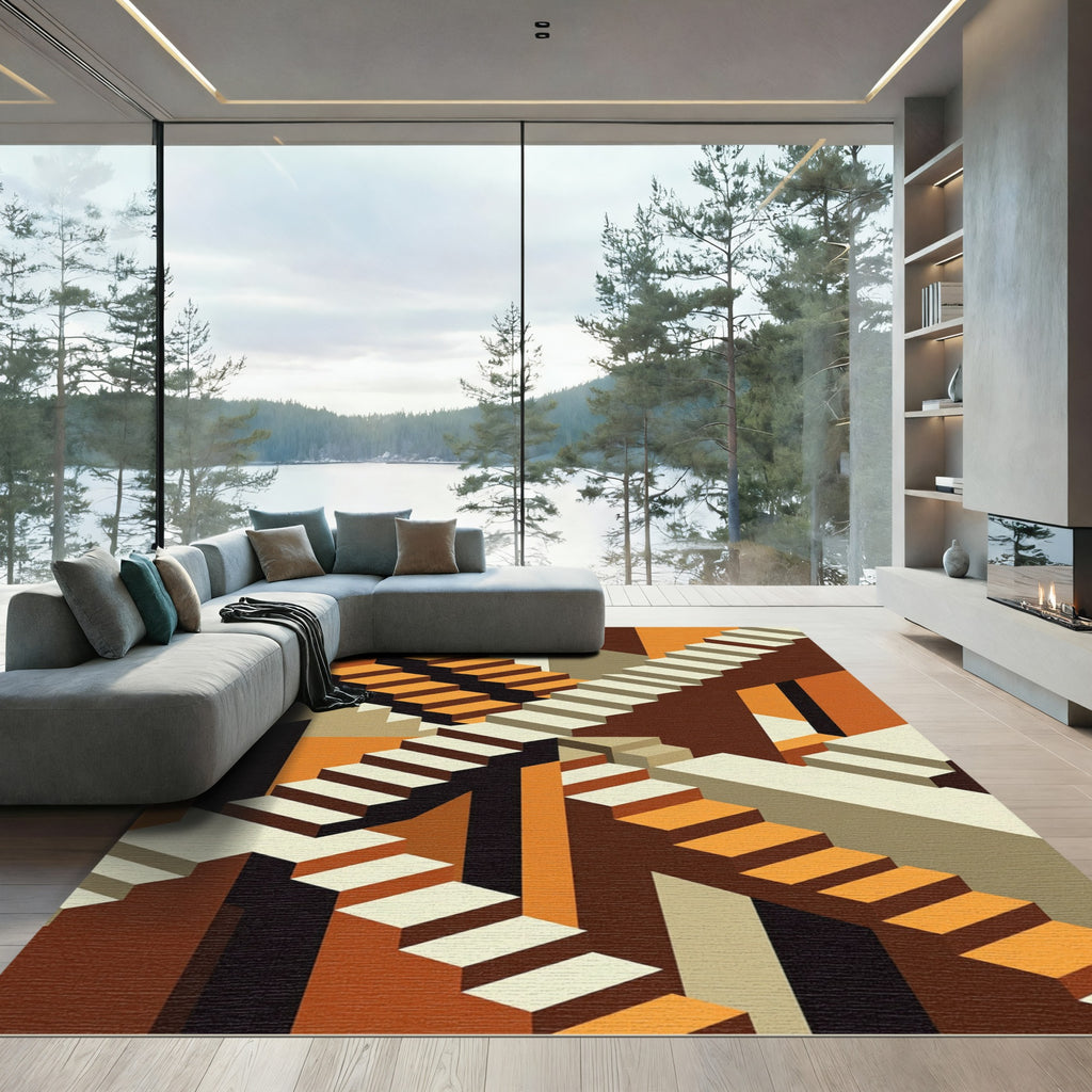 Geometric Stairwell With Orange Tones Rug