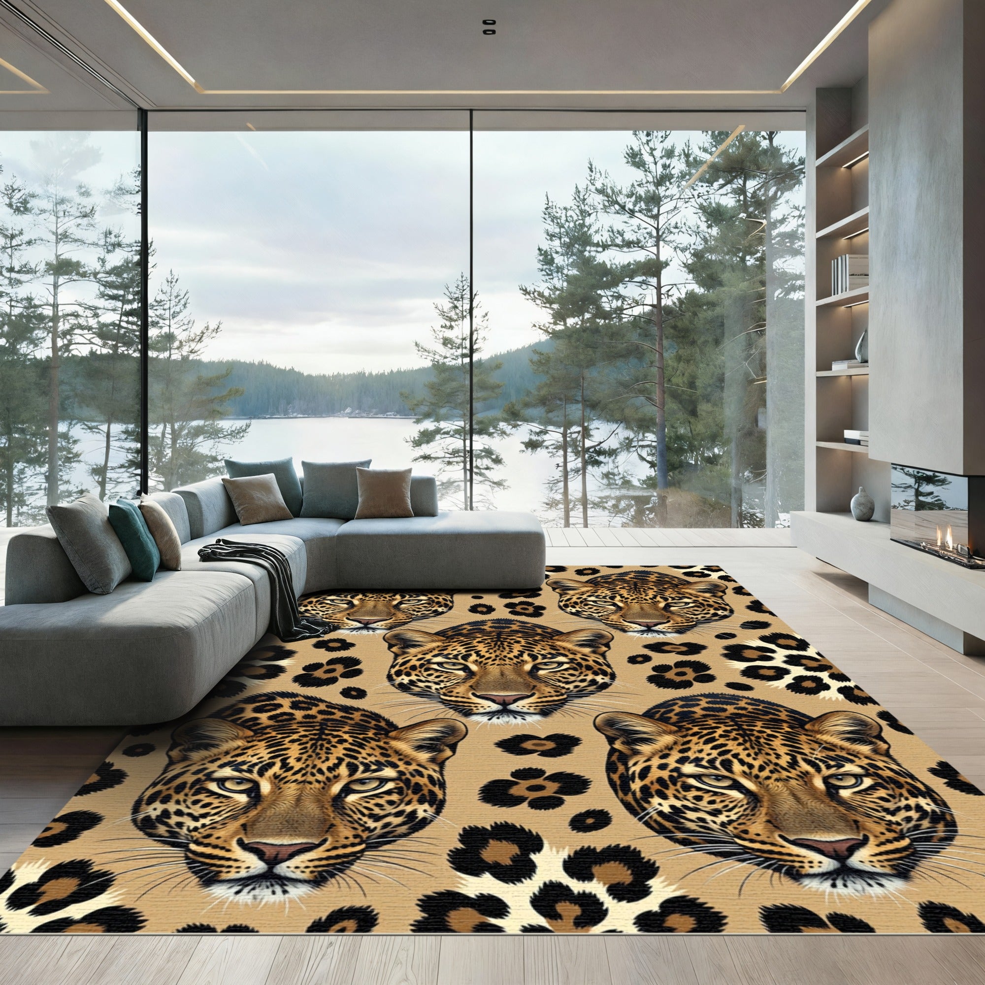 Golden Leopard Head Seamless Animal Hide Rug