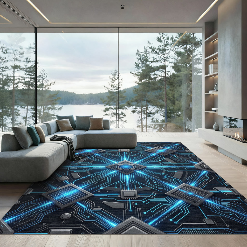Futuristic Blue Neon Circuit Board Geometric Rug