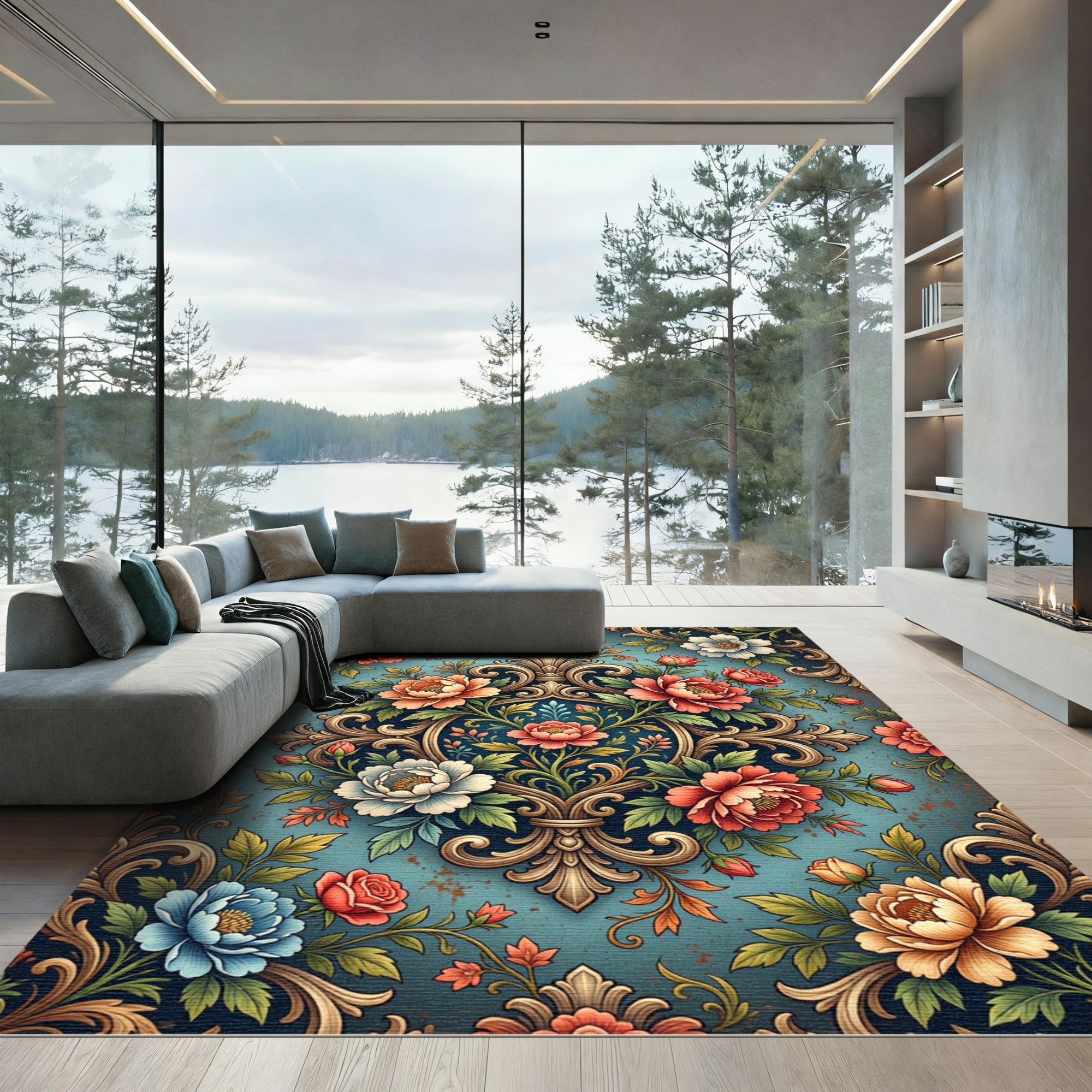Ornate Floral Scroll Damask Teal Rug
